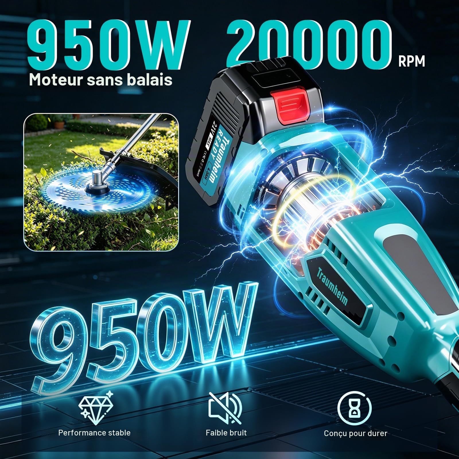Coupe-Bordures sans Fil avec 2 Batteries de 4,0 Ah, débroussailleuse et Coupe-Bordures électrique sans Fil 4 en 1, Moteur sans balais de 950 W, idéal pour la Tonte de pelouse et l'entretien du Jardin