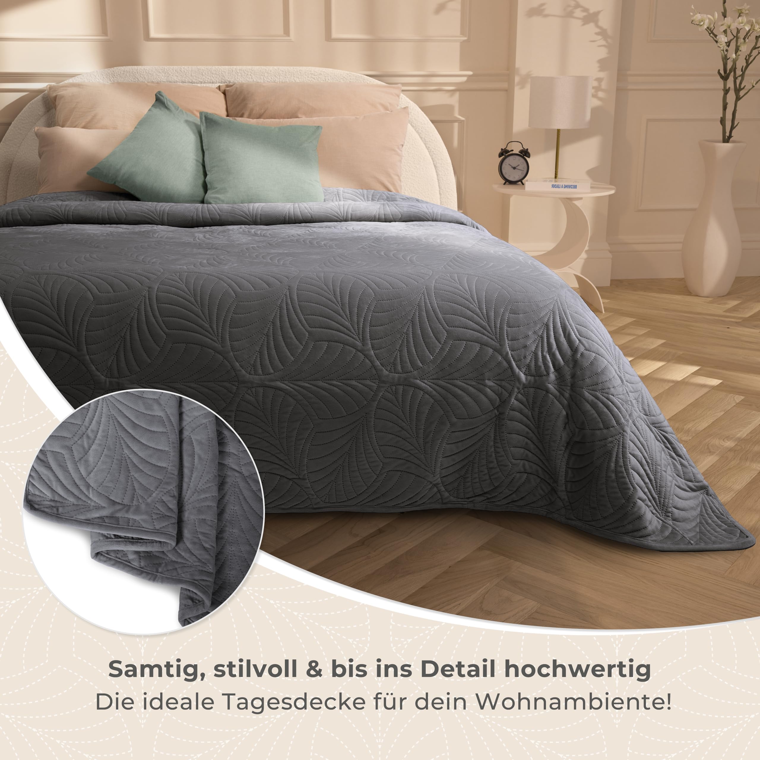 Gräfenstayn Premium Tagesdecke 220x240 cm – Bettüberwurf mit Nahtloser Steppung & Blatt-Design – Samt-Decke – weich, knitterfrei & pflegeleicht – Überwurf für Bett & Sofa (anthrazit) Küche, Haushalt & Wohnen