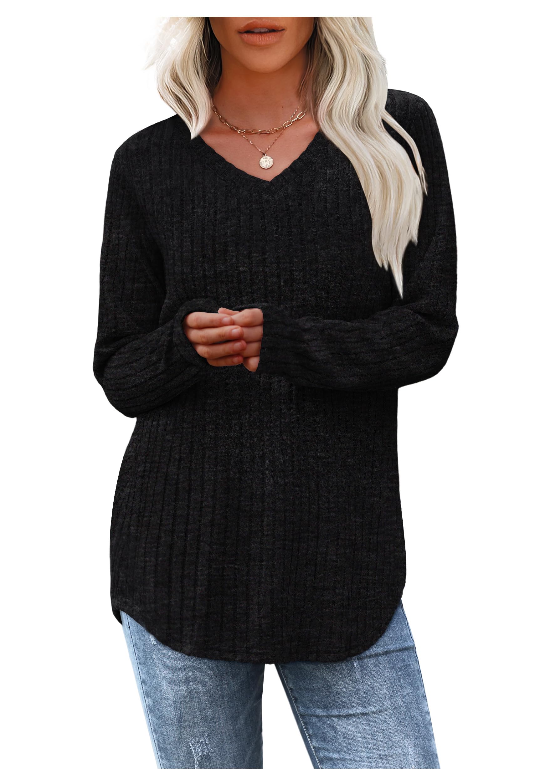 WIHOLL Tunic Tops Women V Neck Ribbed Knit Lightweight Sweaters Women Fall Winter Trendy 2025 Curved Hem Long Sleeve Shirts