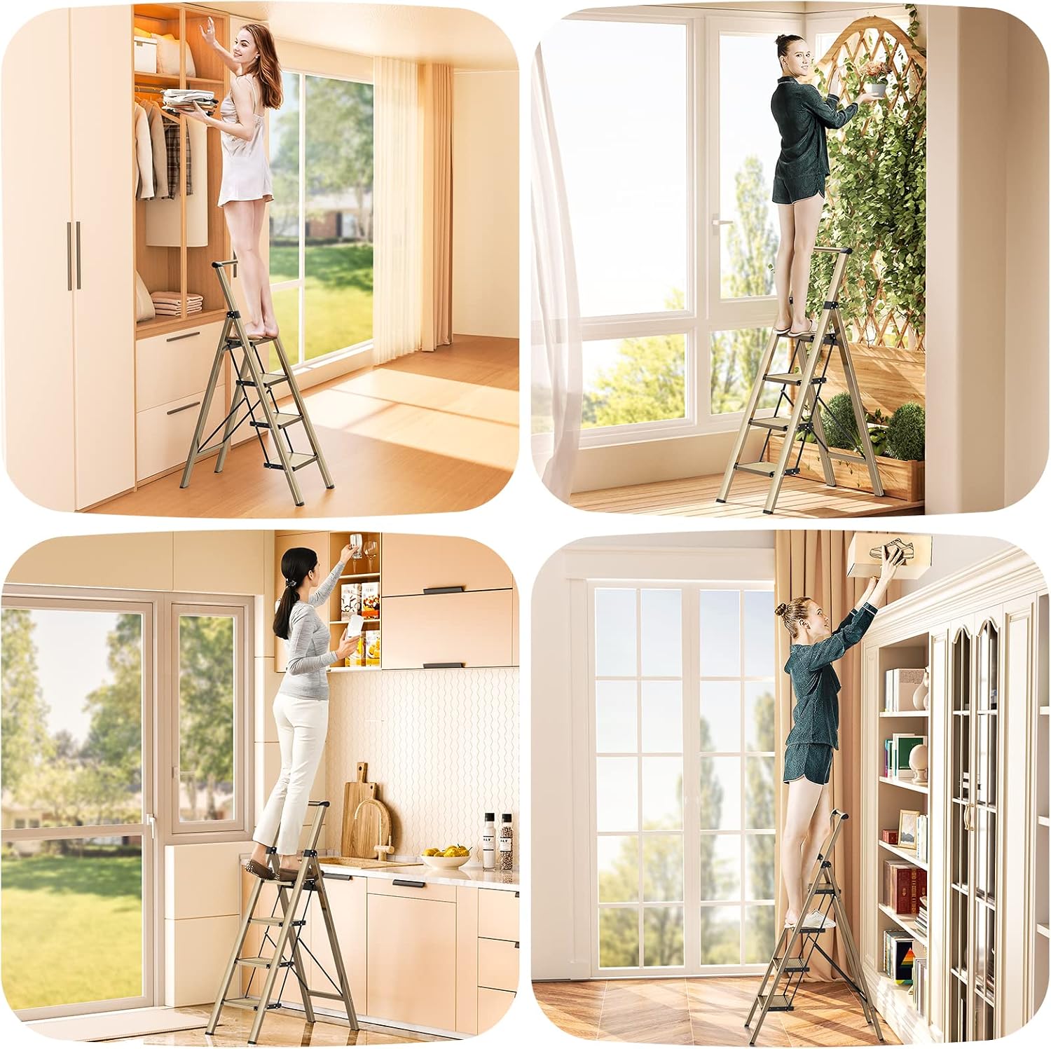 4 Step Ladder,Folding Step Stool with Convenient Handgrip for Home,Office,Kitchen, Aluminum Lightweight Portable Step Stool with Anti-Slip Sturdy Pedal,330 lbs Capacity (Gold)