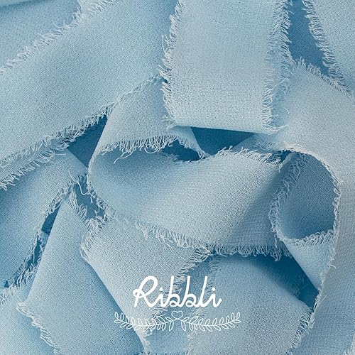 Miniatura 2 de Ribbli Cinta de gasa azul bebé de 1 pulgada x 20 yardas hecha a mano con flecos de seda, cinta azul para envolver regalos, invitaciones de boda
