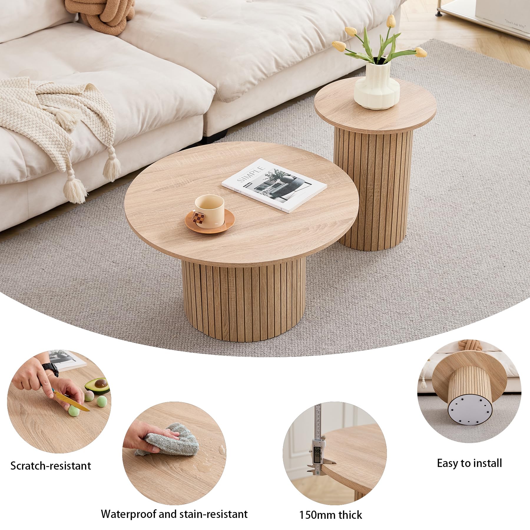 GrandCA HOME - Set di 2 Tavolini Rotondi da Caffè, Tavolino Rotondo da Divano, Piano in MDF con Base a Doghe in Legno, Ideale per Soggiorno e Ufficio (Venature in Legno Naturale)