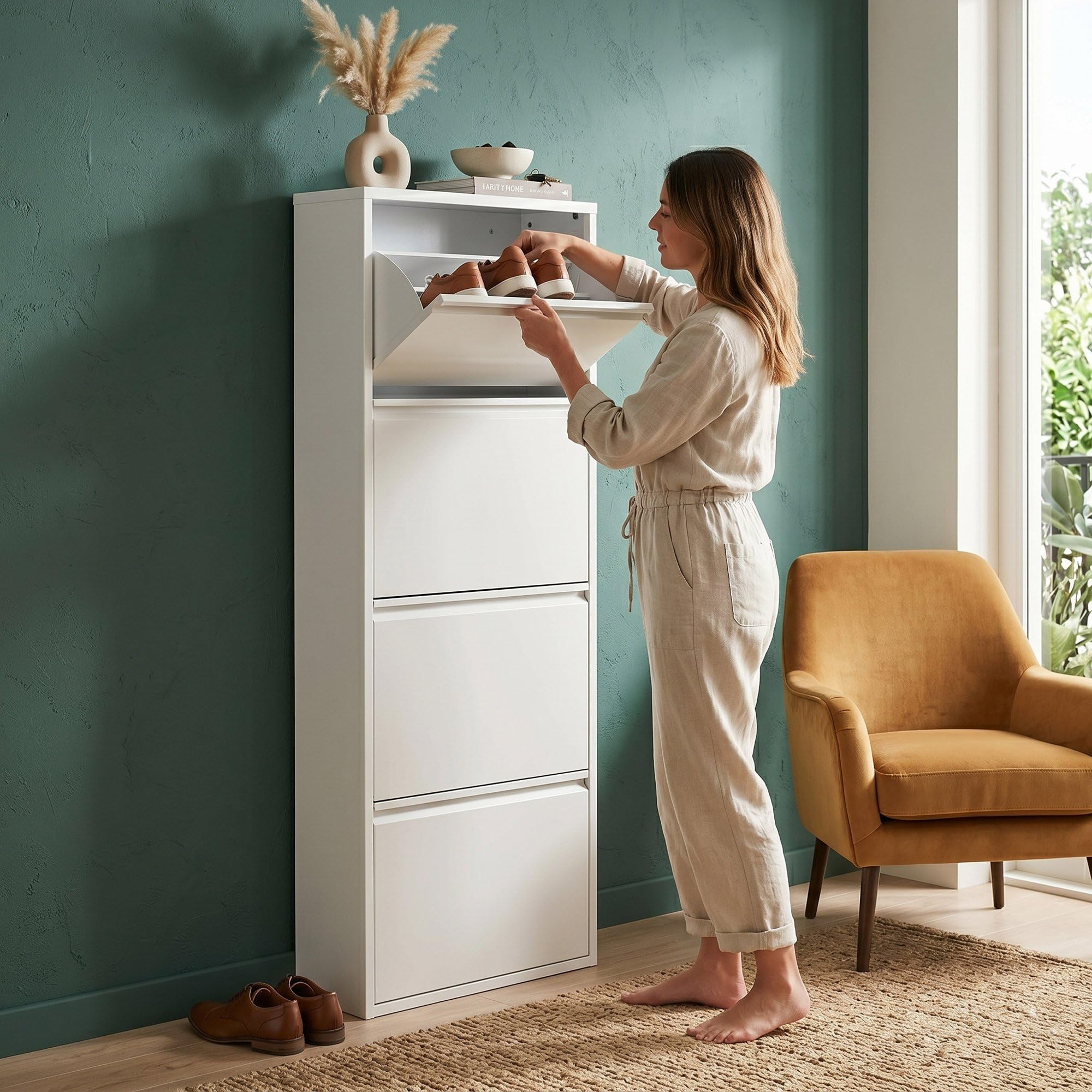 Mueble Zapatero Estrecho para Recibidor y Pasillo – Armario Zapatero Abatible de 4 Puertas con Balda Ajustable, Capacidad 8 Pares, Sistema Antivuelco y Diseño Slim (13,5 x 50 x 136,5 cm), color Blanco