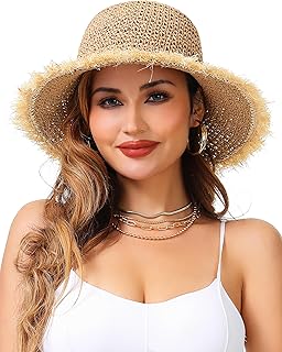 Womens Sun Hat Floppy Packable Wide Brim UV Protection UPF 50+ Straw Hat with Fringe for Summer Beach