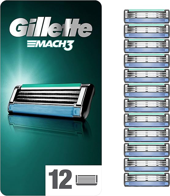 Gillette Mach3 Razor Blades Men, Pack of 12 Razor Blade Refills, Stronger Than Steel Blades, Enhanced Lubrastrip