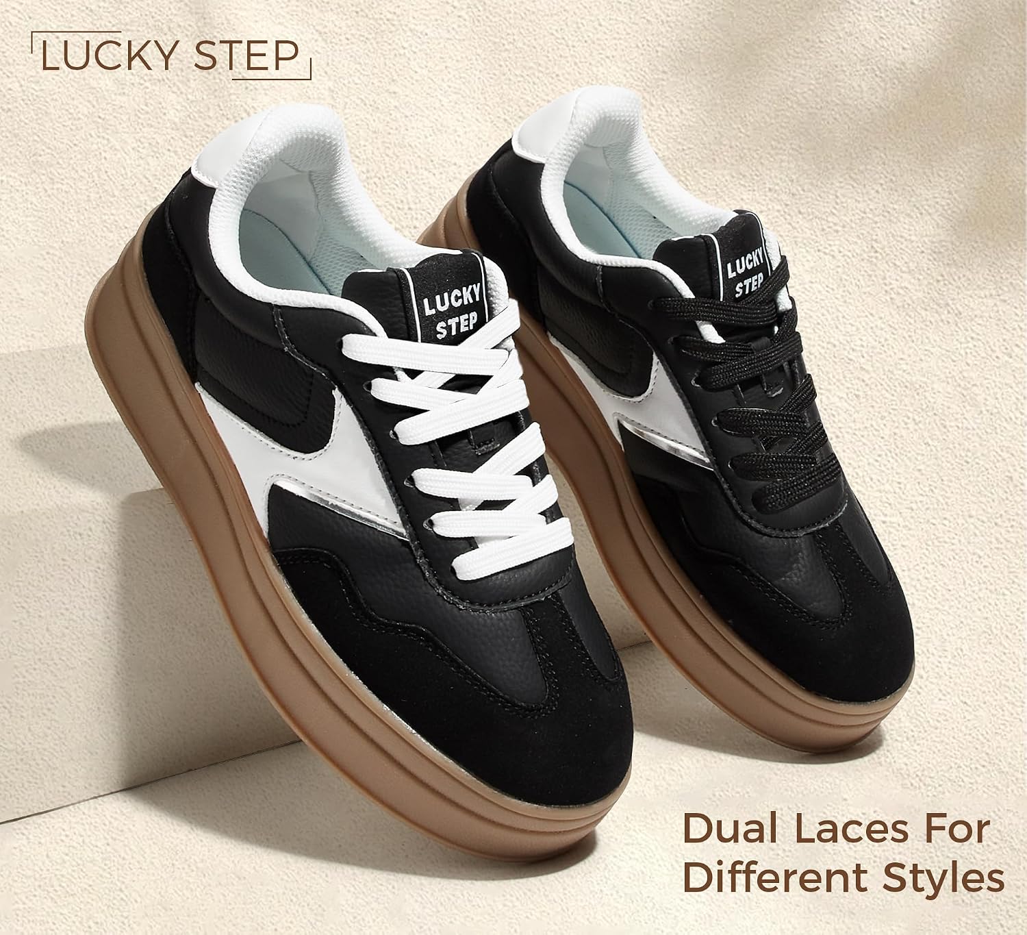 LUCKY STEP Platform Retro Sneakers for Women Fashion Casual Gum Thick Sole Rubber Sole Comfort Skate Tennis Footwear Chunky Trainer Walking Shoes
