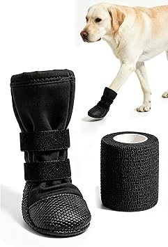 Dog Paw Wound Recovery Boot with Self-Adhering Pet Bandage, Breathable Paw Protector Kit for Injured Paws,Anti-Slip Shoe & Vet Wrap for Post-Surgery Care, Licking Prevention 1 Boot+1 Roll L