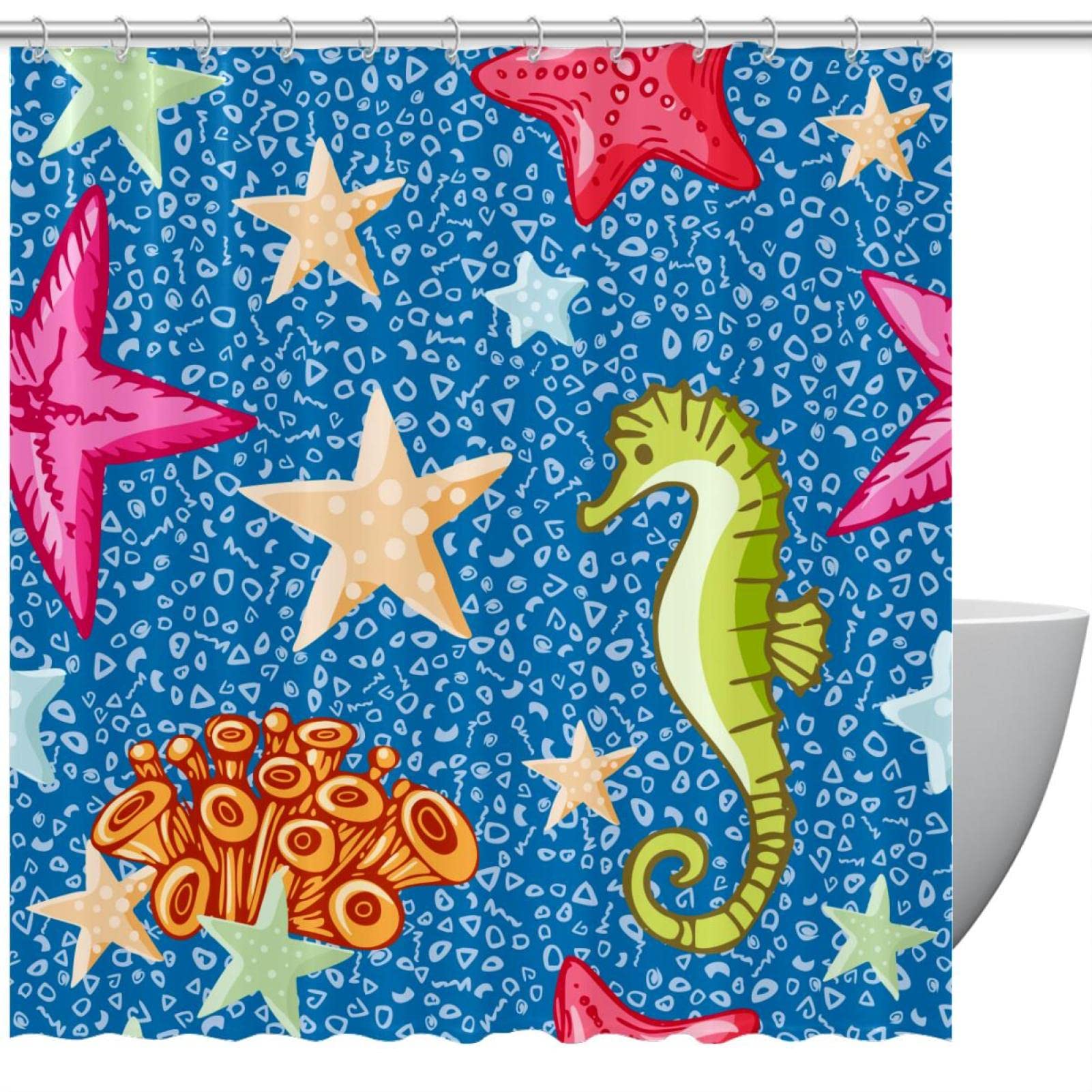 Rideau de douche anti odeur motif seahorse avec 12 anneaux inclus pour baignoire