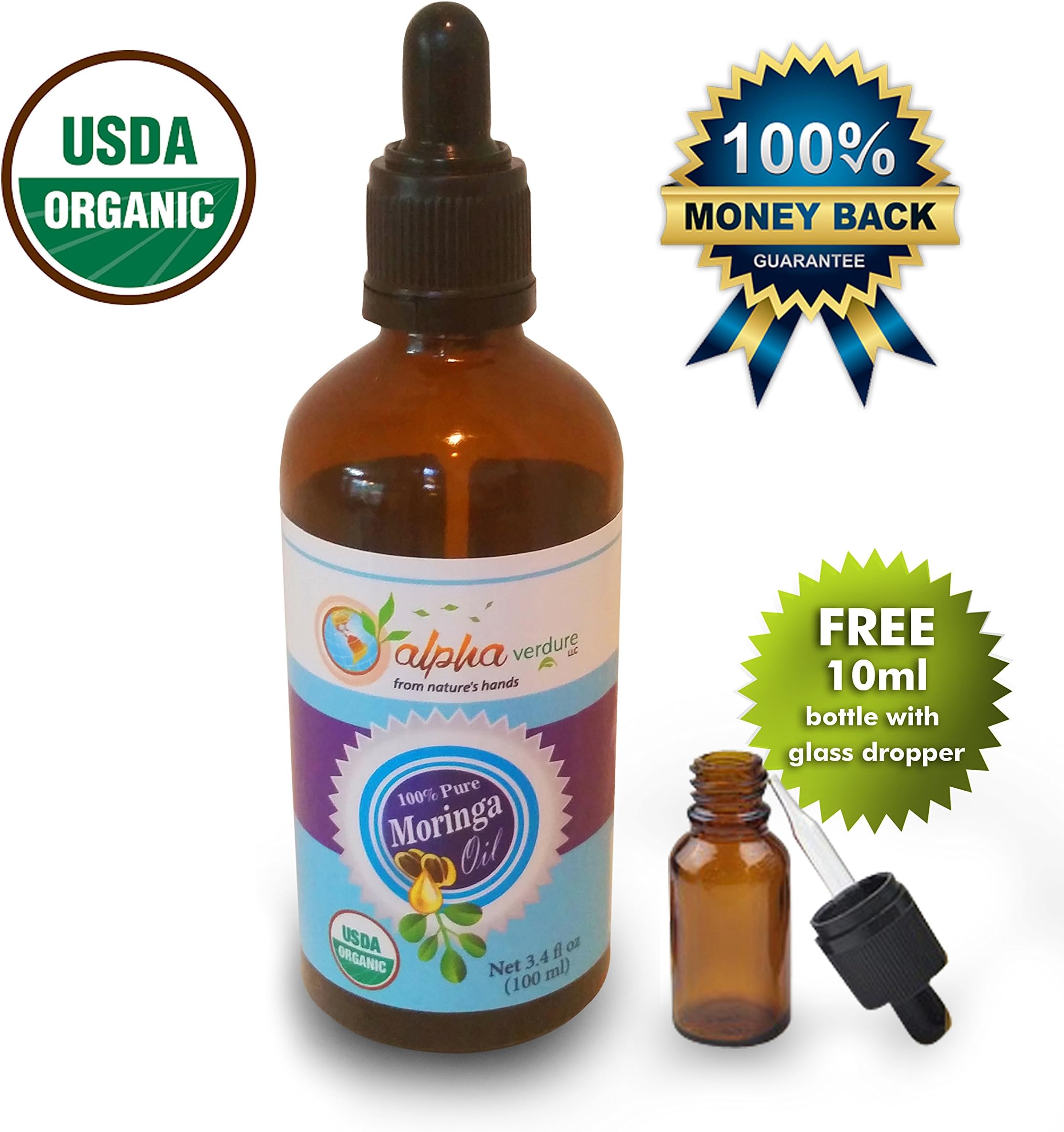 For Face, Hair, Scalp, Body, Nails, Skin, 100% Pure Cold Pressed, Unrefined, Unfiltered, Unscented, Organic Virgin Moringa Oil for Head to Toes Treatment. It Is an Intensive Moisturizer.