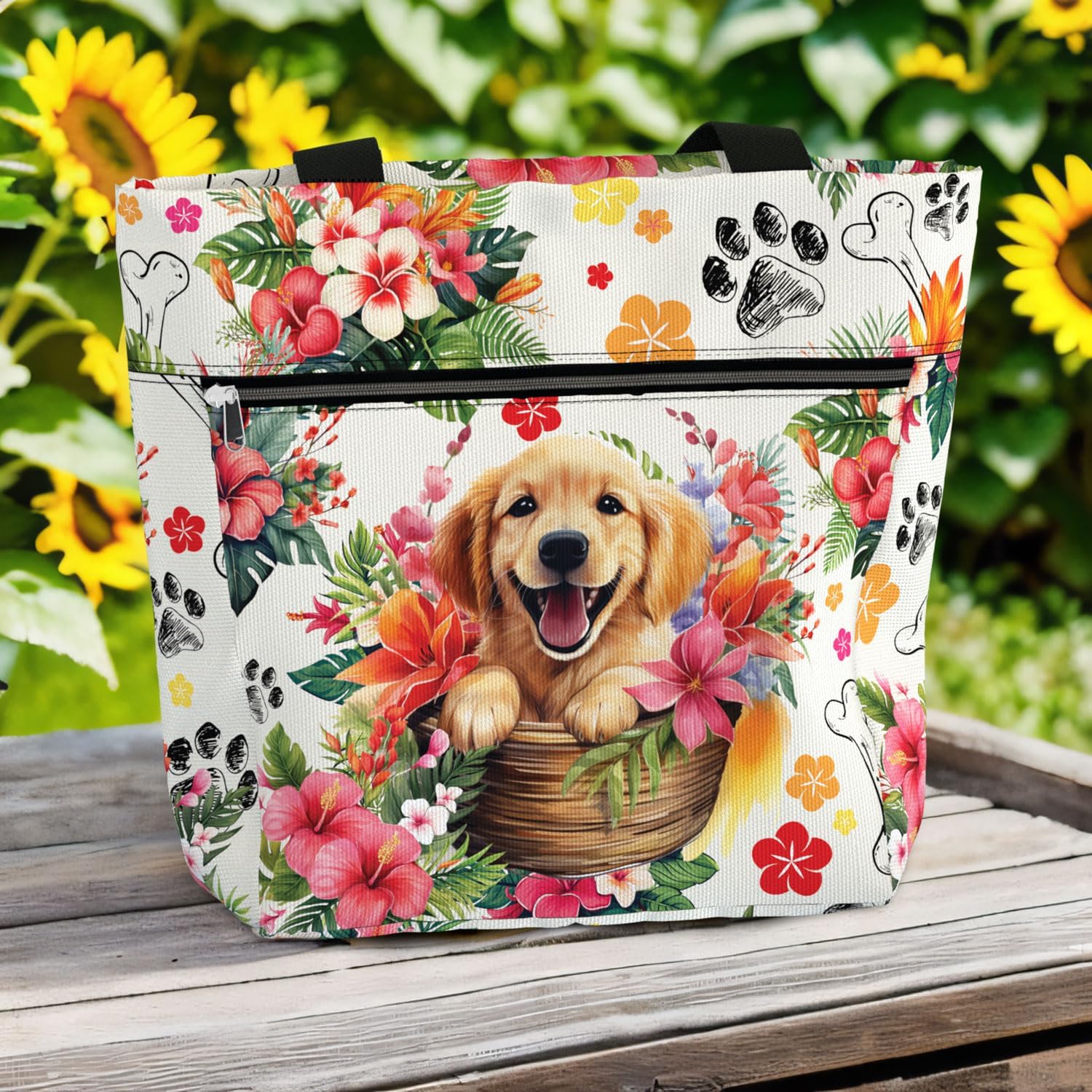 84hoods Large Waterproof Tote Bag with Pockets and Zipper for Women for Work. Gift for Golden Retriever Lovers and Owners.