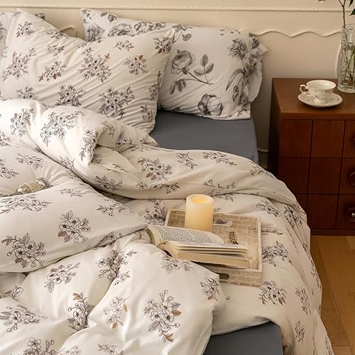 Miniatura 8 de EAVD Funda de edredón floral blanca tamaño Queen, funda de edredón floral blanca, suave, elegante, juego de ropa de cama floral de jardín con 2