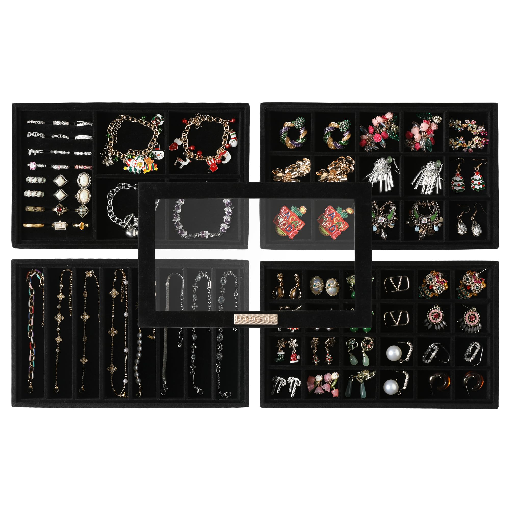 Exhibición de joyas de tocador de alta gama con bandejas de terciopelo y tapa de cristal
