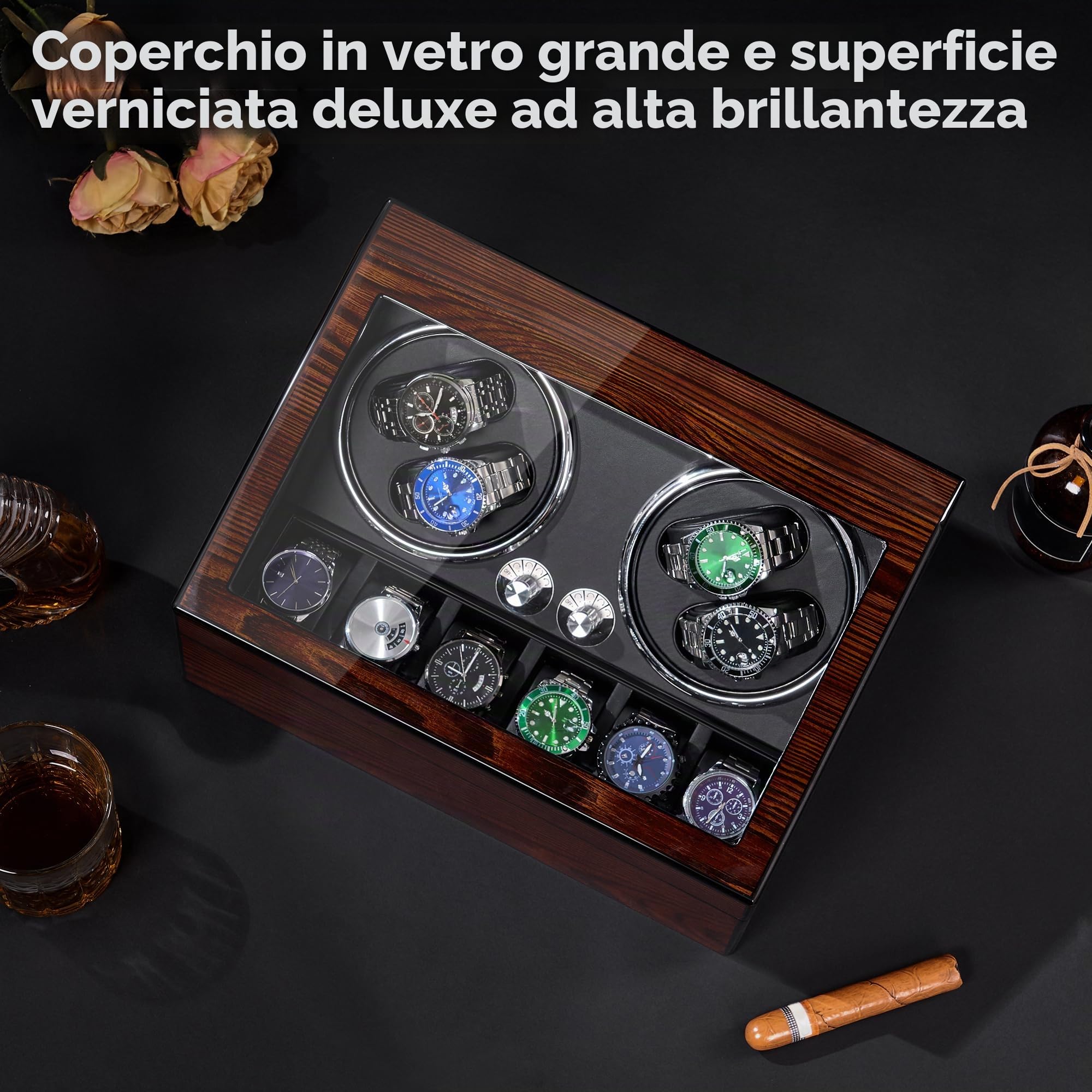 BEWISHOME Avvolgitore per orologi automatici, scatola carica orologi automatica con luce LED, 4 caricaorologi con motore silenzioso e 6 custodie per orologi da uomo/donna, marrone SYQ01Y