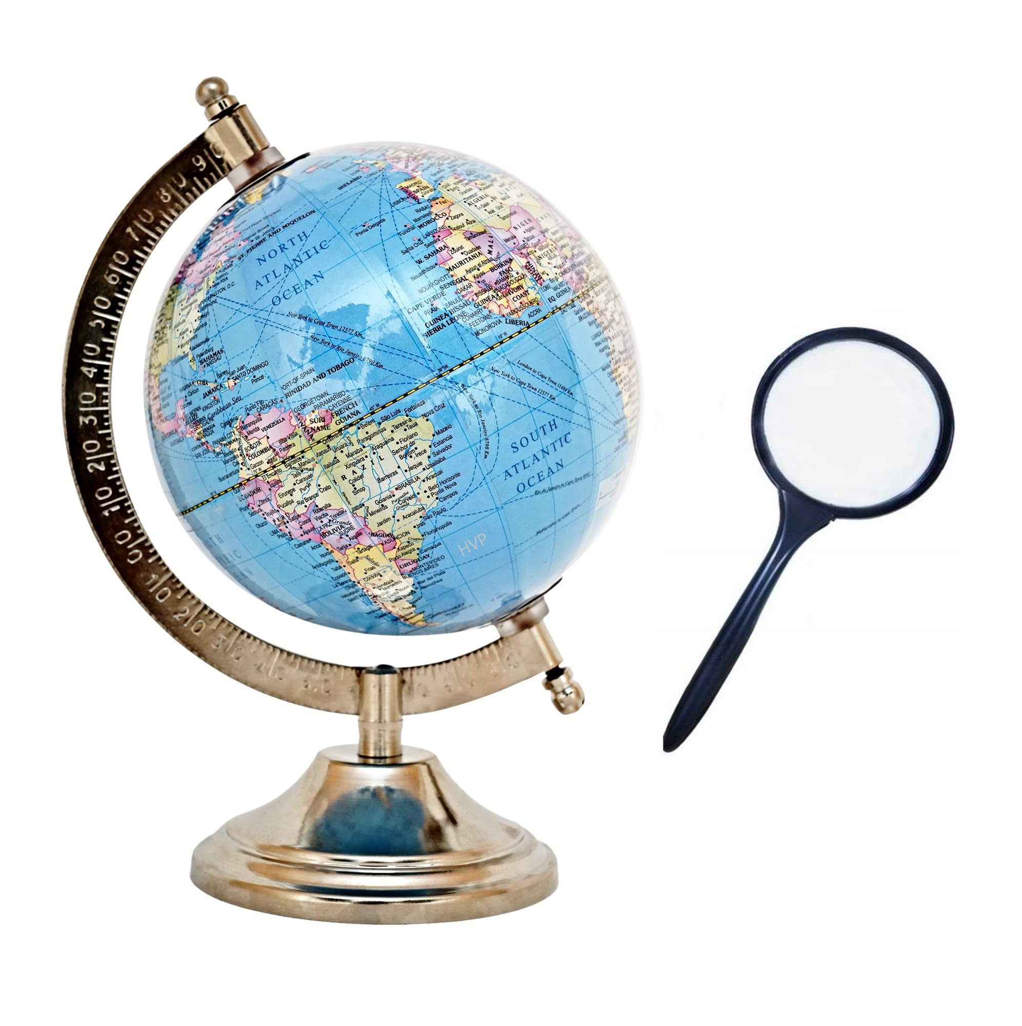 HVP Educational Globe 8 Inch Height, 5 Inch Diameter with Magnifying Glass | Rotating World Globe with Steel Finish Arc and Base | World Globe | Globe for Kids Learning, Students, Home Decor, Office Desk etc