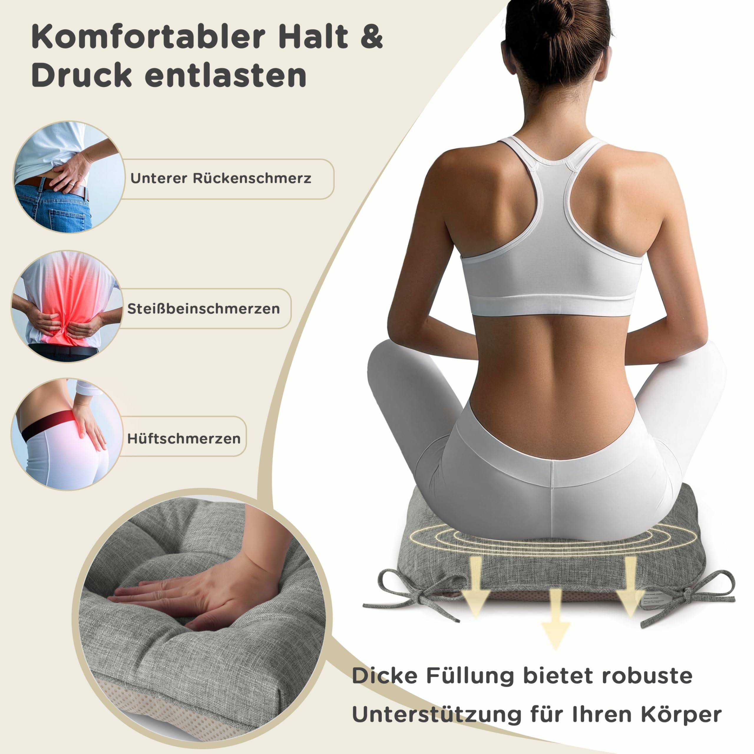 AddGrace Sitzkissen für Esszimmerstühle 4er-Pack 46x44x8cm Hellgrau | mit rutschfester Unterseite und Bändern, geeignet für die meisten Esszimmer- und Küchenstühle, strukturierter Stoff, bequem