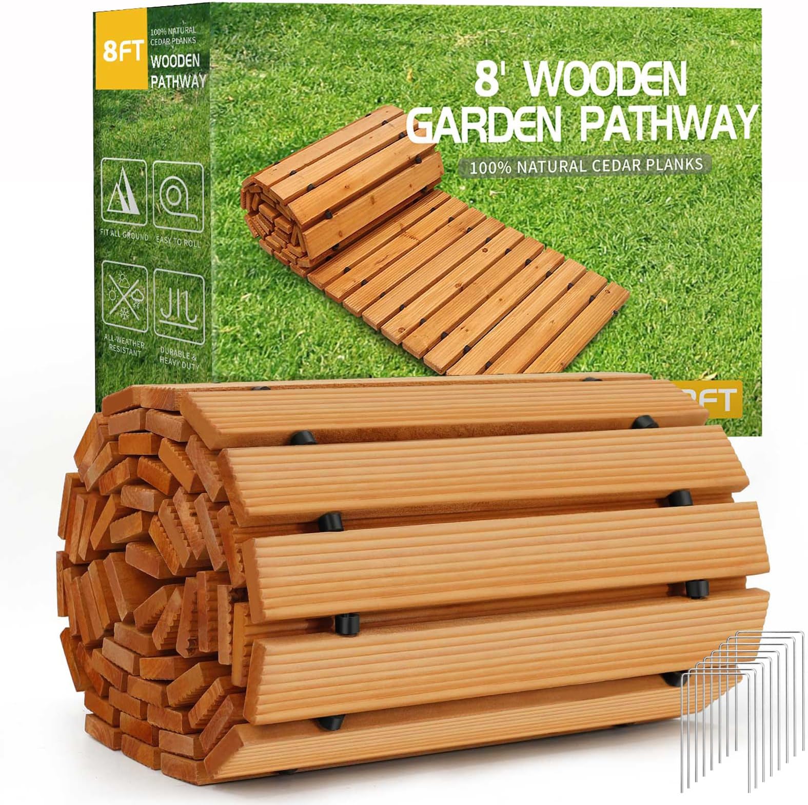 Wooden Garden Pathway,Outdoor Roll Out Cedar Curved Walkway,Patio Path Decorative Garden Boardwalk Walkways,Weather-Resistant Roll Up Beach Wood Road Floor,Wedding Party Pathways