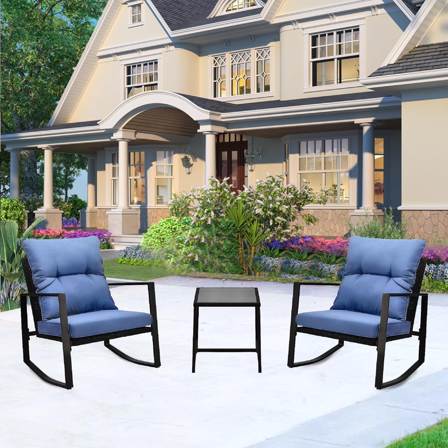 3 Piece Outdoor Patio Set - Outdoor Rocking Chairs Set of 2 with Blue Cushion and Pe Rattan, Coffee Table with Steel Frame, Patio Furniture Set 3 Piece for Poolside, Outdoor, Garden
