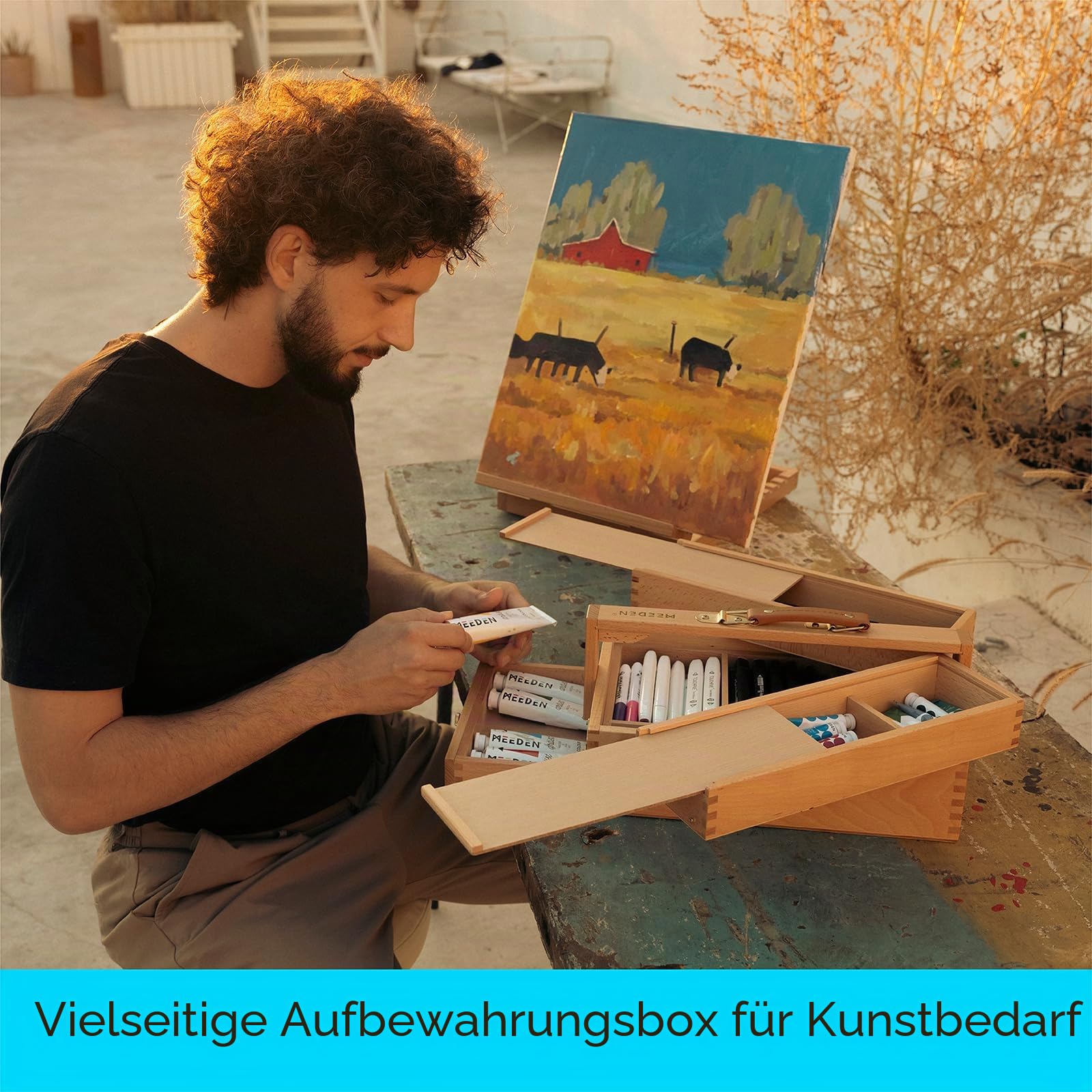 MEEDEN Aufbewahrungsbox für Künstlerbedarf – Tragbare, Faltbare Multifunktionale Aufbewahrungsbox aus Buchenholz für Kunstwerkzeuge und Pinsel mit Abteilen und Schublade für Pastelle, Bleistifte