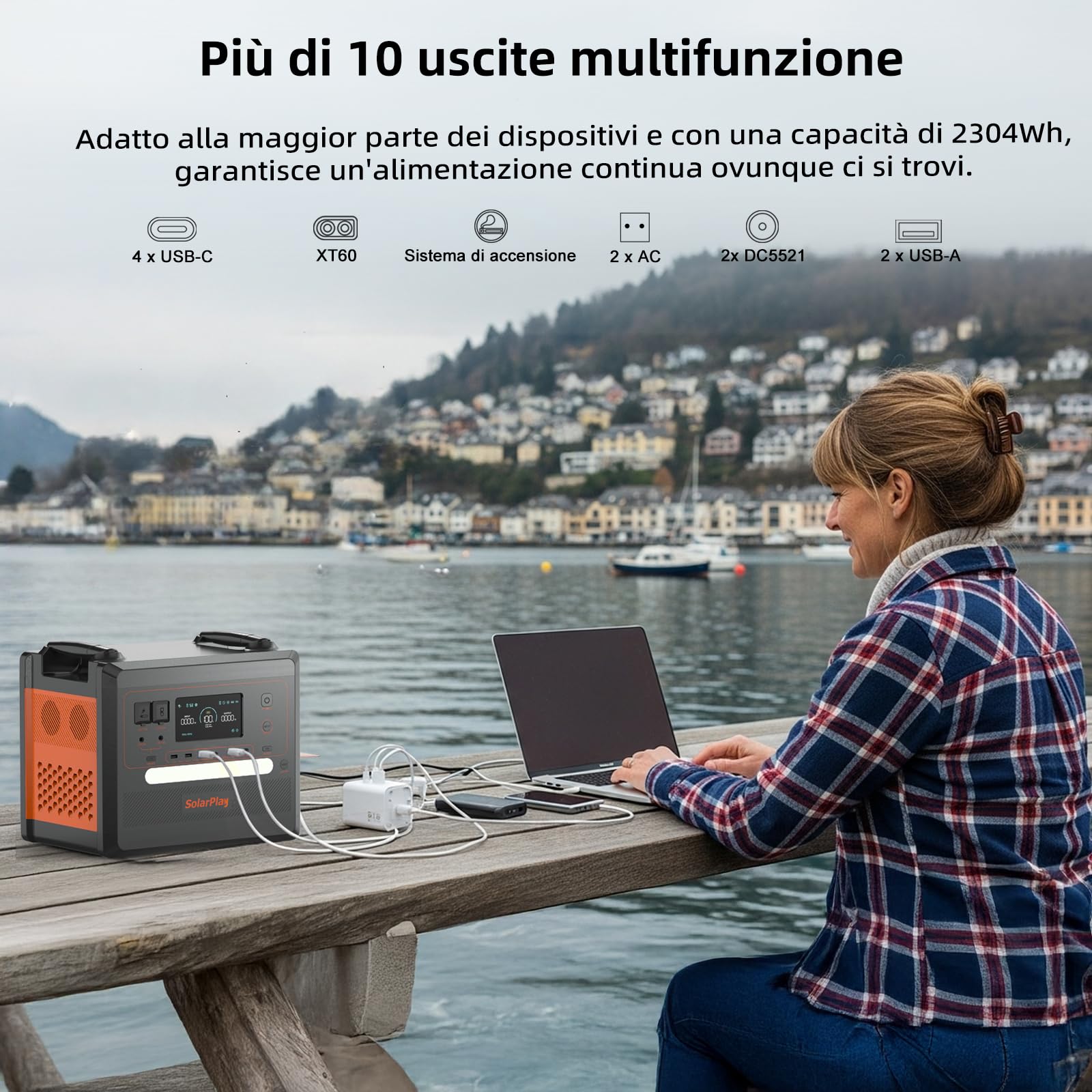 Solarplay Q2402M Centrale Elettrica Portatile 2304 Wh con Batteria LiFePO4, Generatore d'Emergenza 2500 W + Ricarica Solare Rapida, per Campeggio/Backup Casa/Alimentazione Outdoor