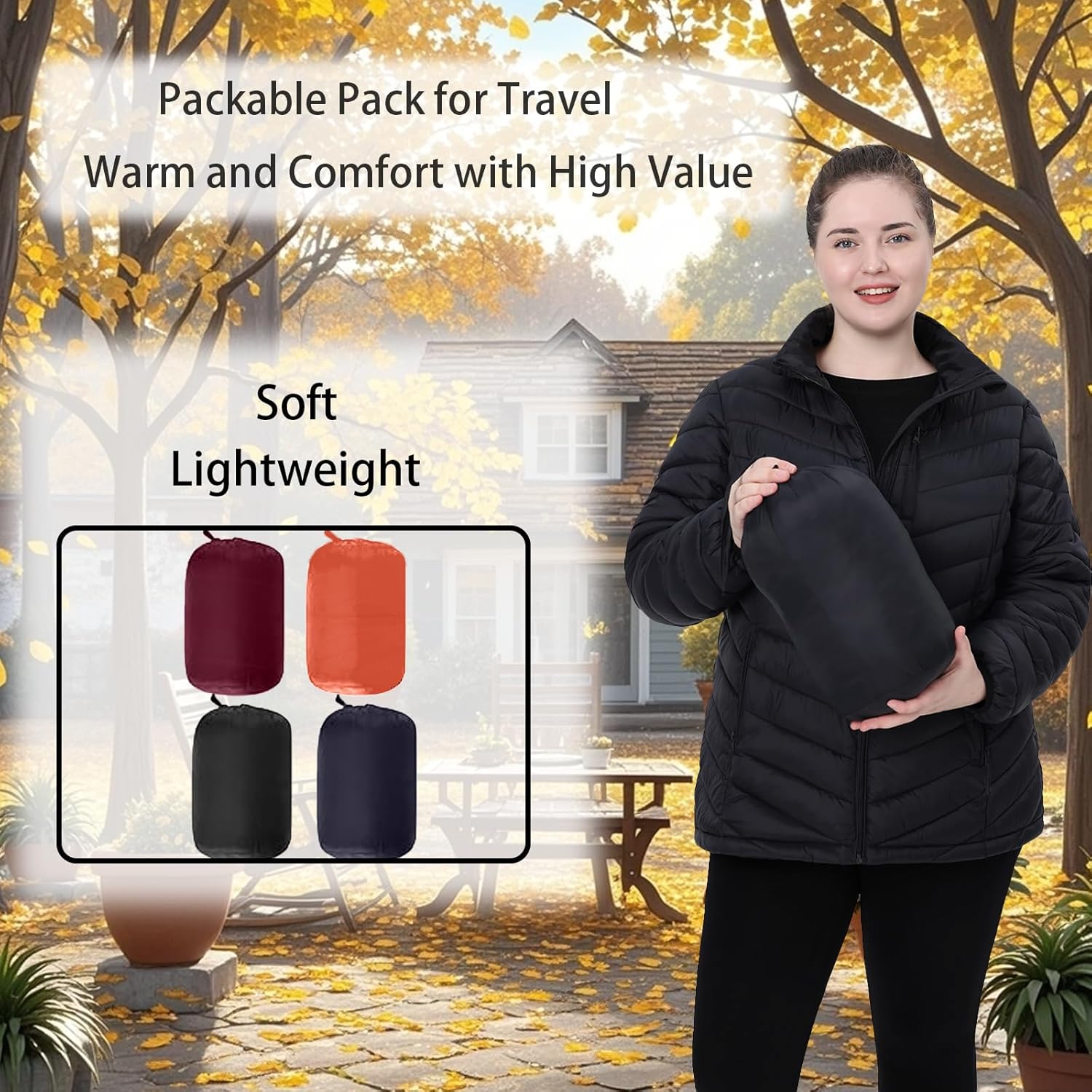 Plus Size Women Packable Puffer Jacket 1X-6X Water-Resistant Lightweight Winter Coat Detachable Hood(Exclusively Plus Size)(Black,5X) - Image 5