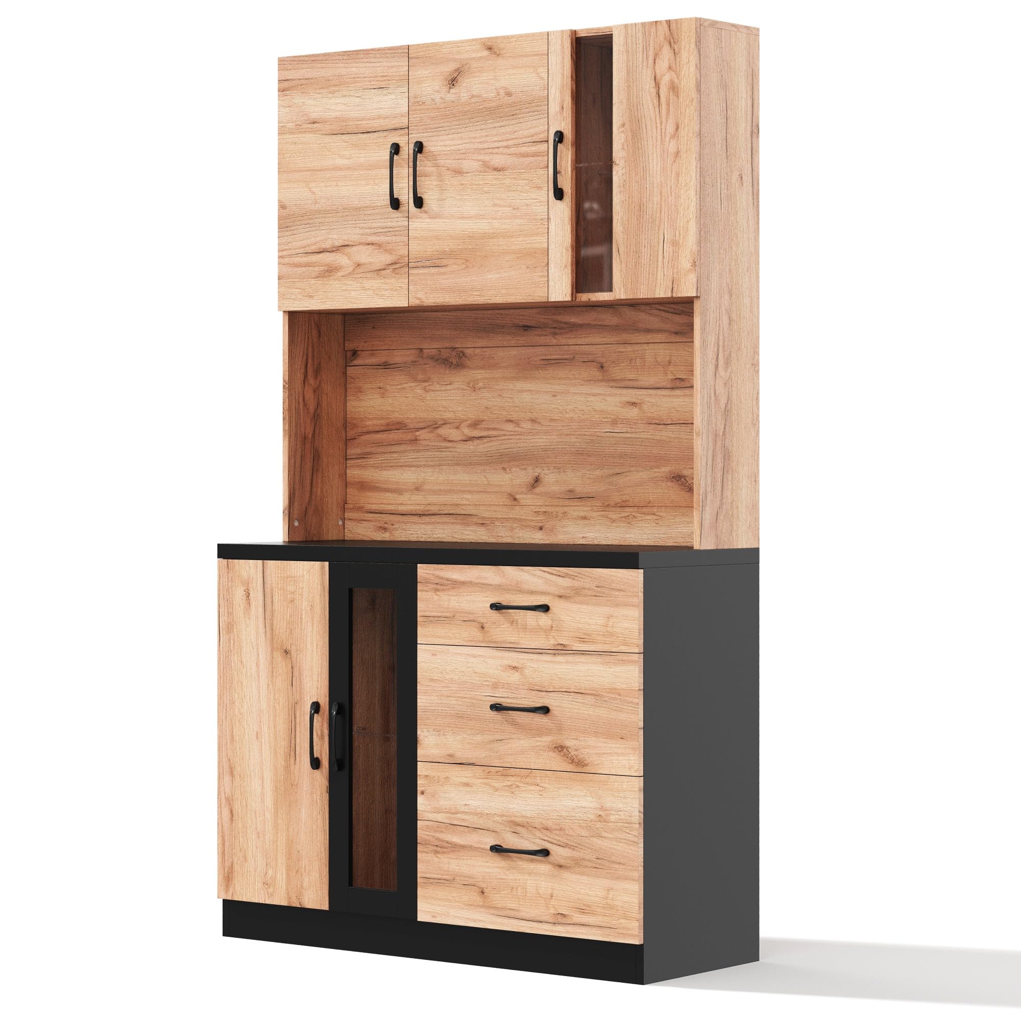 105 x 40 x 180 cm, moderno mobile da cucina, nero e effetto legno con illuminazione a LED, ripiani regolabili e presa in stile euro, adatto per cucine, sala da pranzo, soggiorno, ecc.