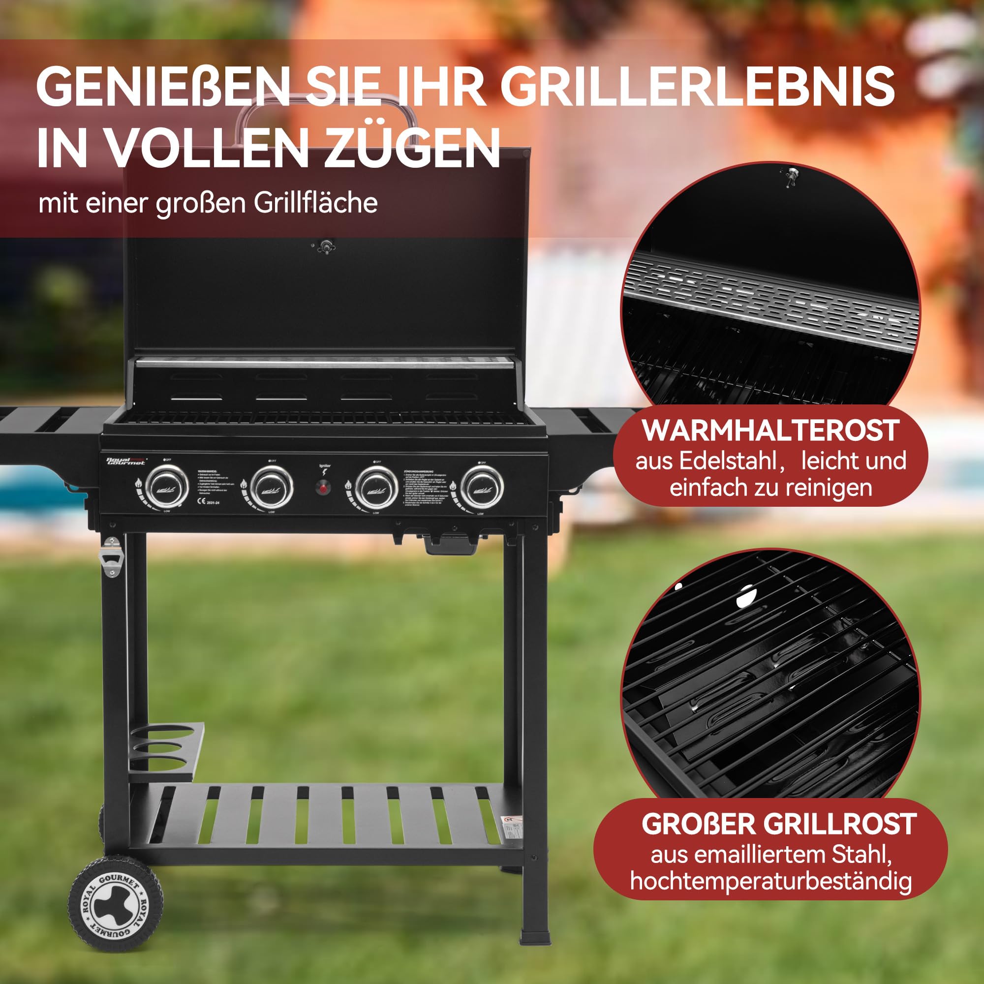 Royal Gourmet 4 Brenner Gas Grillwagen, 12 kW BBQ-Gasgrill mit Seitenablagen und Flascheregal, Campinggrill für Outdoor Garten Party Schwarz