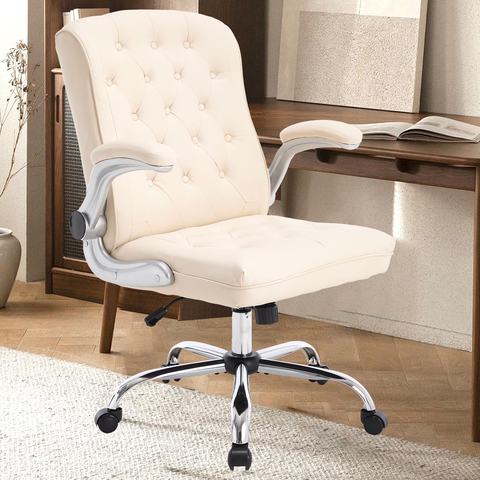 Modern Leather Office Chair, Mid-Back Ergonomic Executive Desk Chair with Flip Up Arm, Mid Century Swivel Task Chair, Rocking Computer Chair with