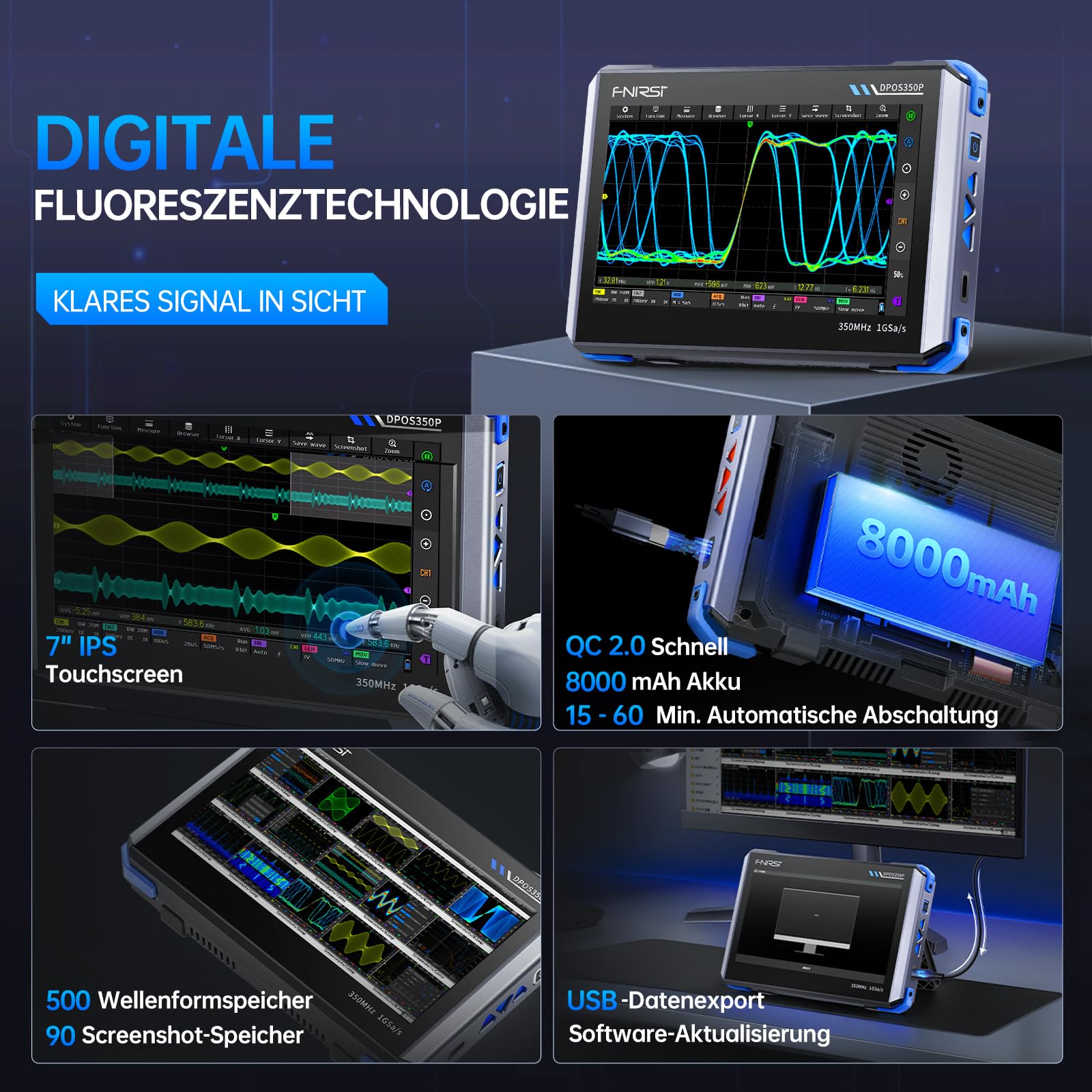FNIRSI DPOS350P 4-in-1 Tablet-Oszilloskop 350 MHz, Spektrumanalysator 200 kHz – 350 MHz, Frequenzganganalysator DDS-Generator, 2-Kanal-Handoszilloskop 1 GSa/s, 7-Zoll-Touchscreen, digitaler Phosphor