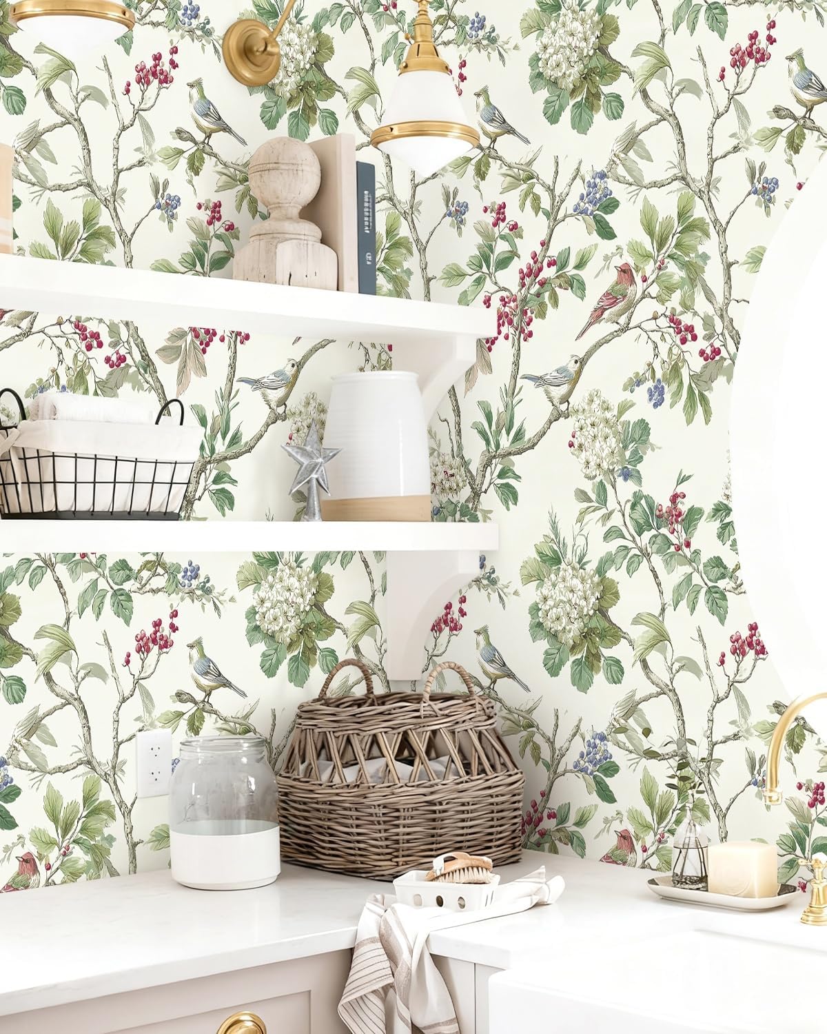Jeweluck Bird Floral Peel and Stick Wallpaper Vintage Floral Contact Paper 16.9inch x 118.1inch Leaf Flower Wallpaper Peel and Stick Removable Self Adhesive Wall Paper for Bedroom Decorative Vinyl
