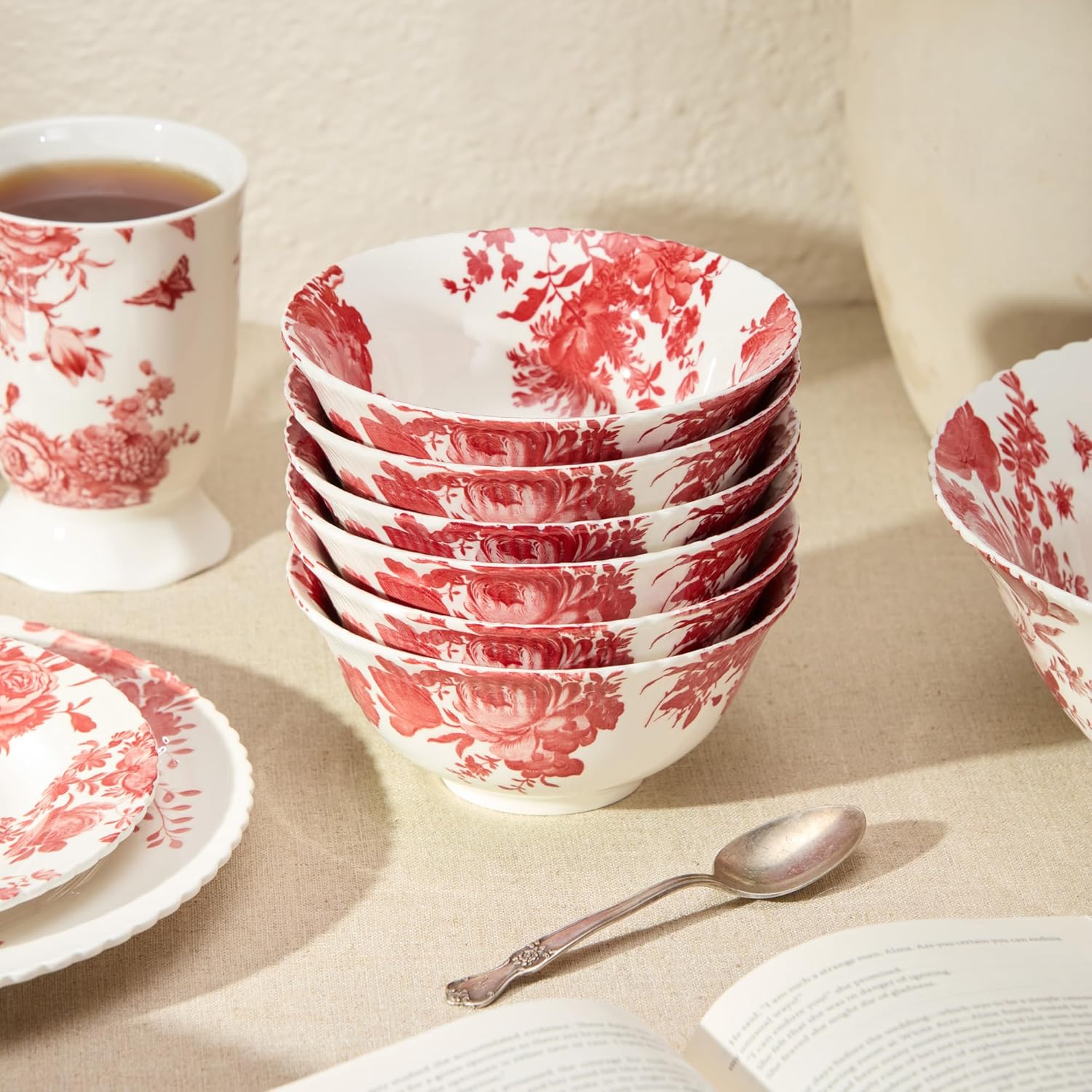 Gabrielle Rose Porcelain ALL PURPOSE BOWLS,SET of 6, 6.25-inch scalloped rose toile bowls with interior and rim floral artwork for expressive everyday dining