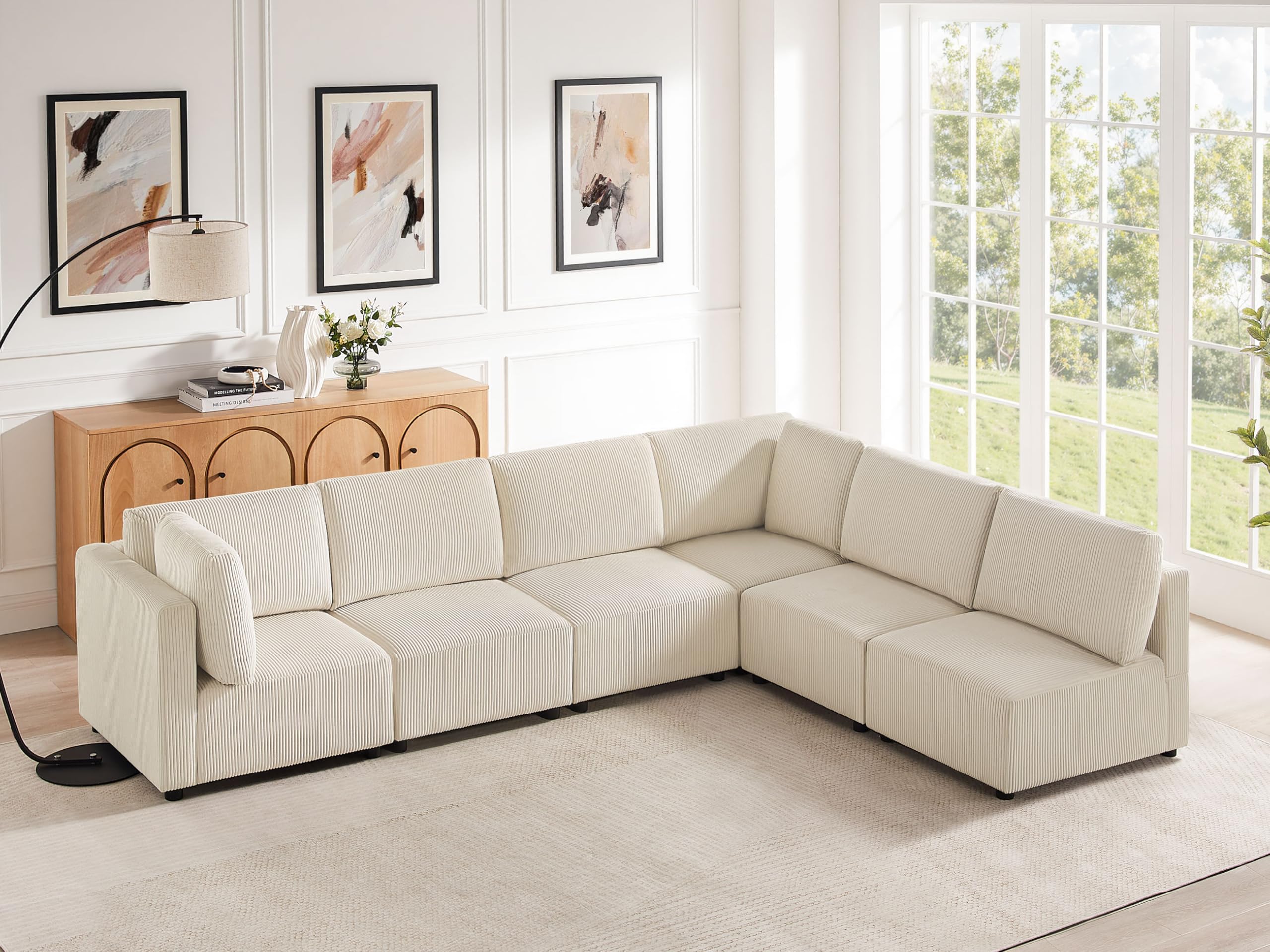 V Shaped Modular Sectional Sofa, 123.6" Corduroy Sectional Sofa Couch, 6 Seater Convertible Modular Sleeper Sofa Bed Free Combination, Modern Corner Sofa for Living Room Bedroom Apartments