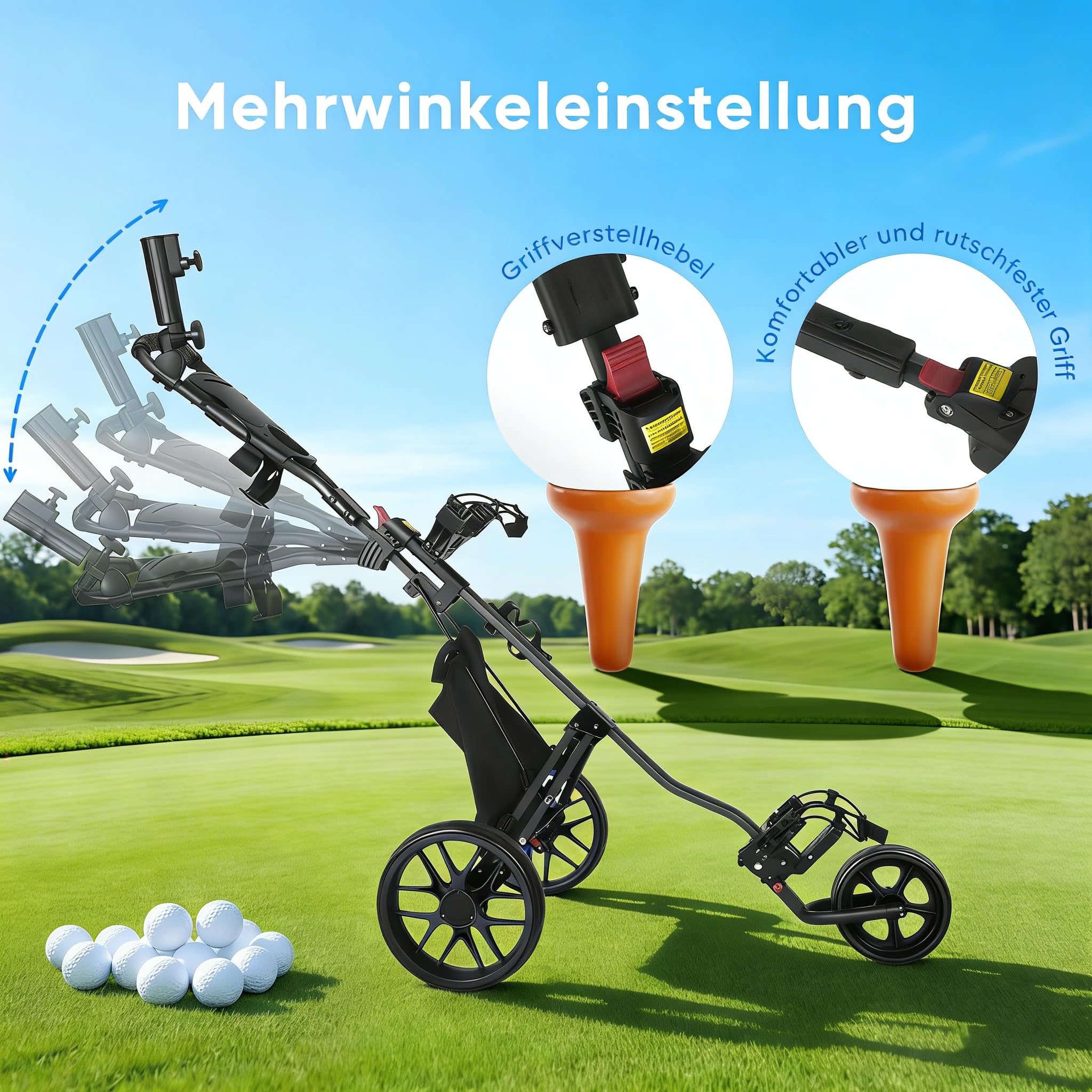 Klappbarer Golf Trolley 3-Rad, Aluminium Golfwagen mit Schirmhalter, T-Stückhalterung und Aufbewahrungstasche – Leichter Golfcaddy als Push Cart