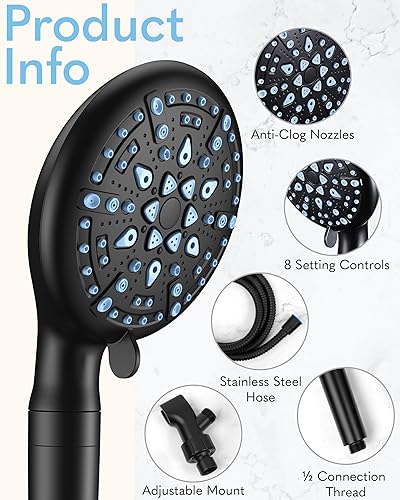 Miniatura 6 de Veken Cabezal de ducha con cabezal de ducha de mano, flujo de agua de alta presión y múltiples modos de pulverización, 9 ajustes únicos con