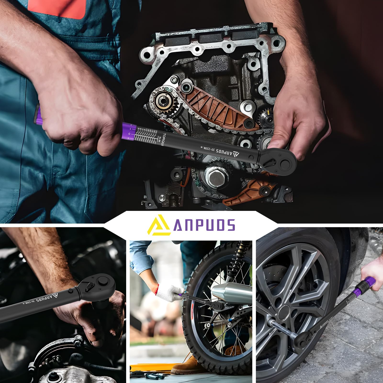 ANPUDS Clé dynamométrique 1/2" 20-220 Nm 72 Dents Tête à Cliquet Réversible Précision ±3%