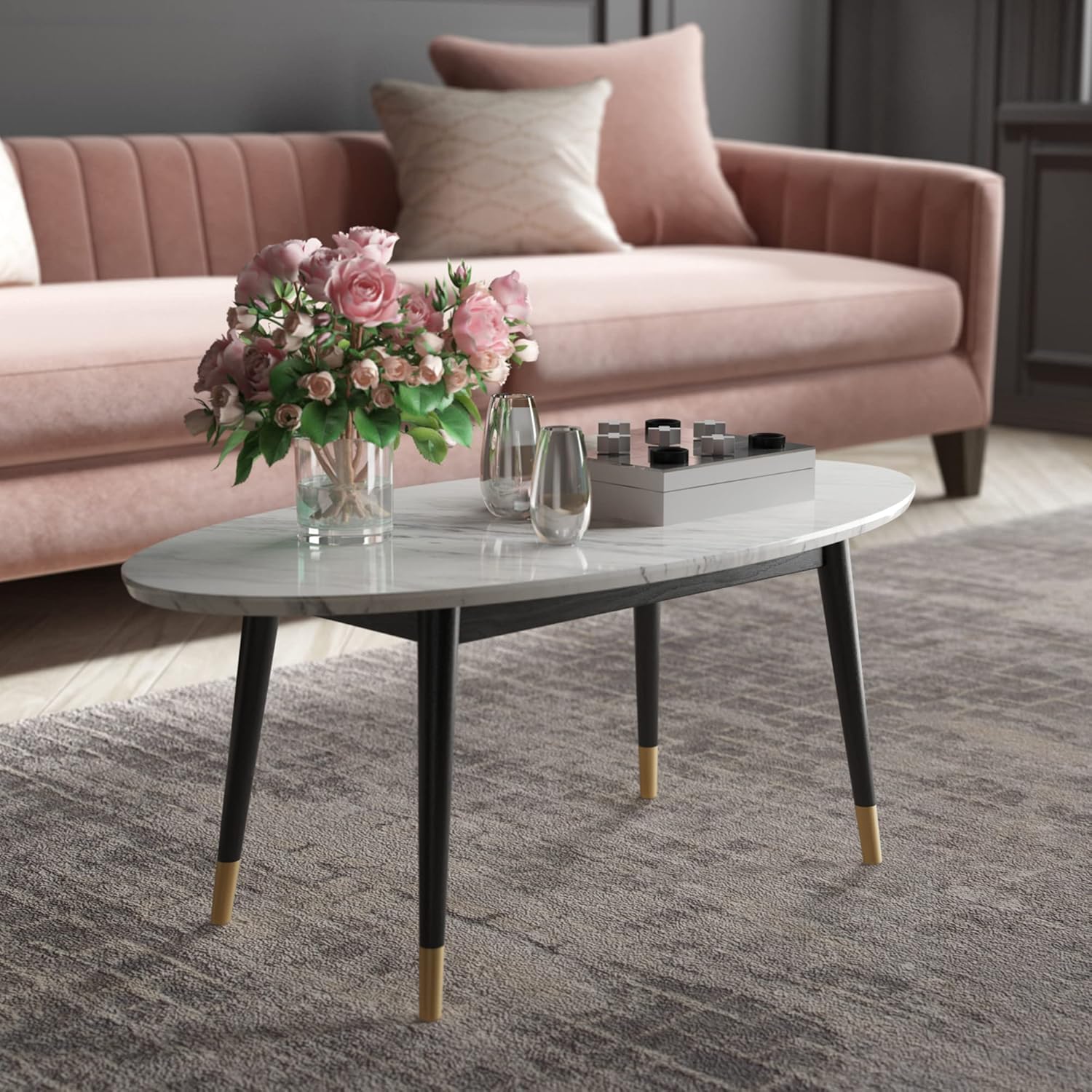Elle Decor Clemintine Mid-Century Modern Living Room Furniture Collection, Oval Coffee Table, White Marble Print