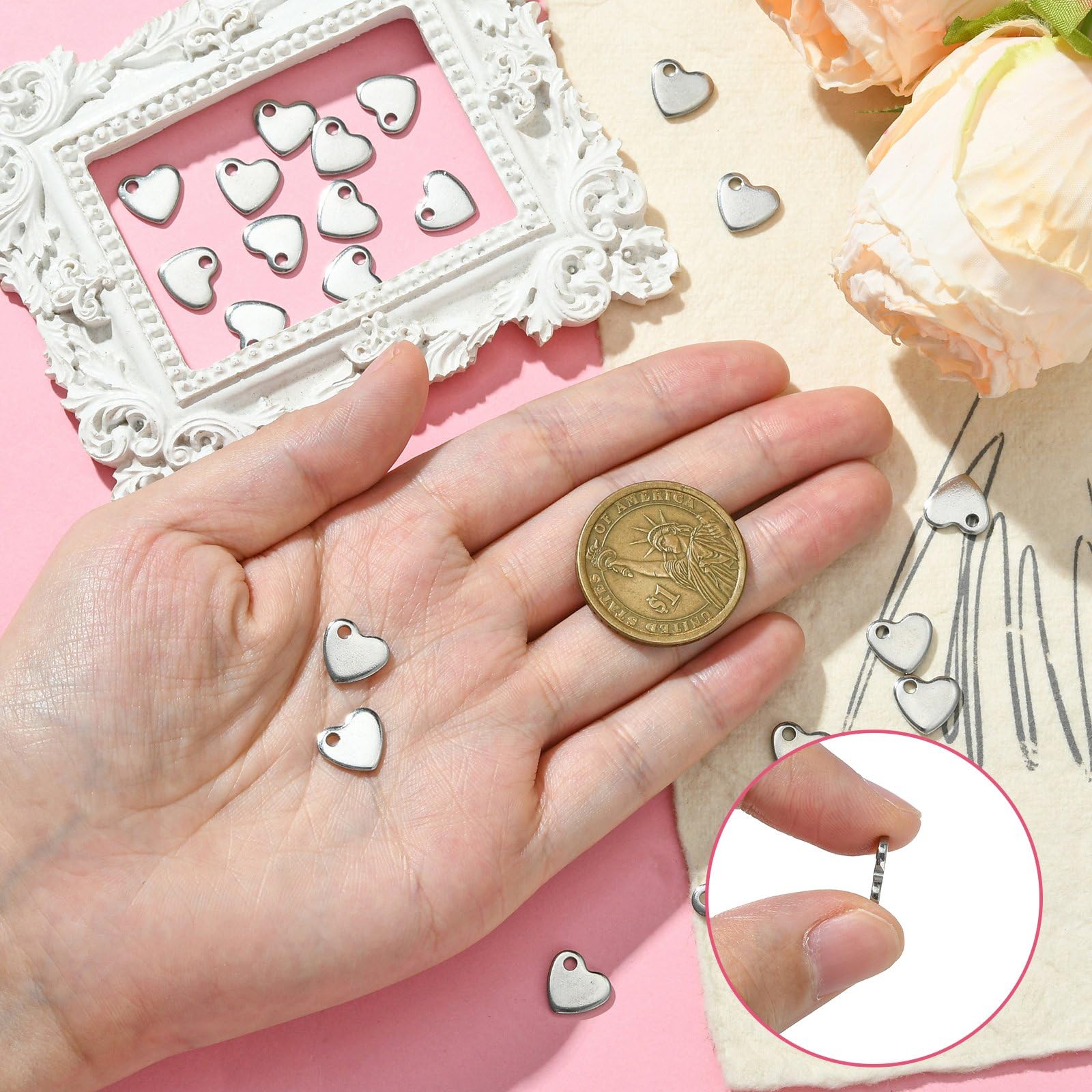Ciondoli a forma di cuore in acciaio inossidabile da 5 pezzi per collana fai da te Pendenti d'amore tono argento oro da 25 mm, piccoli ciondoli per gioielli - Italia