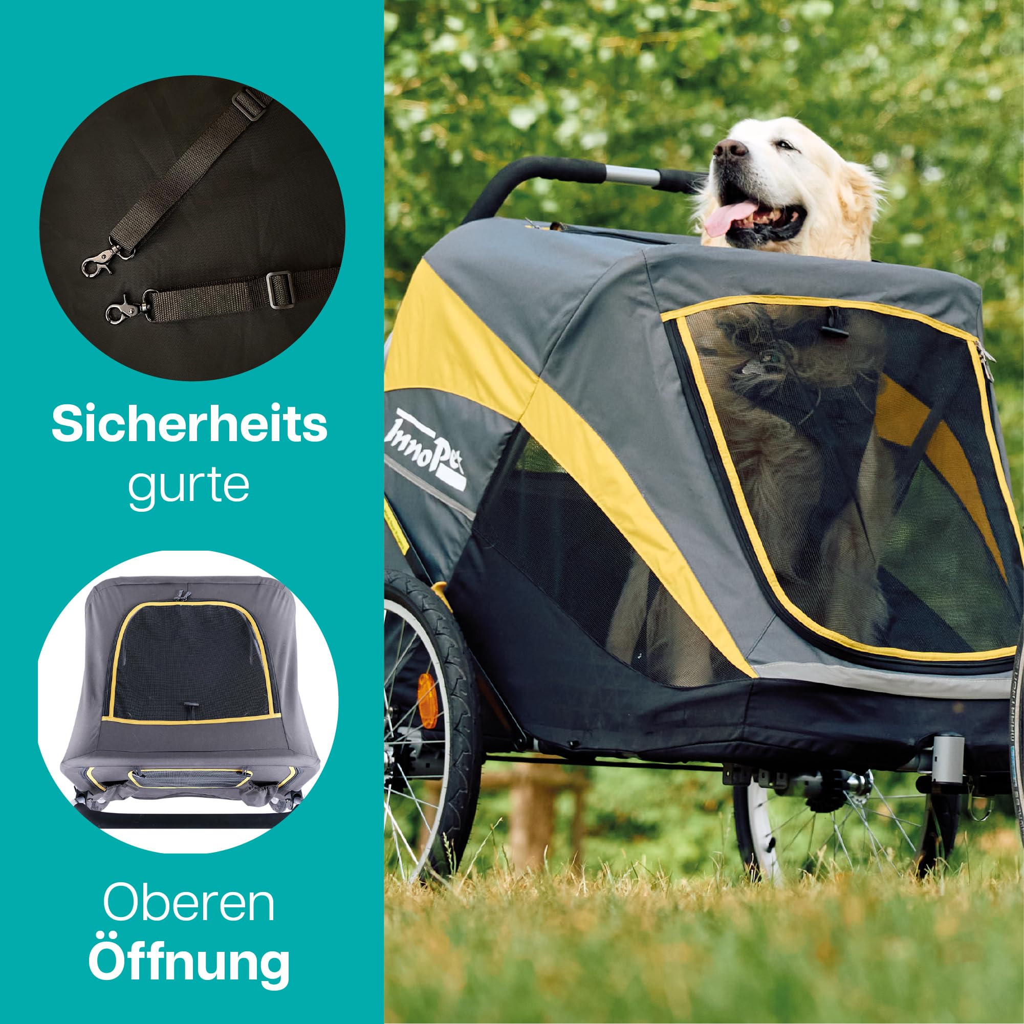 Großer Hundewagen - Innopet Hercules 2.0 Gelb/Grau - Heavy Duty Buggy Rahmen bis 50kg belastbar -inkl. Regenschutz - hintere 45cm Luftreifen/vorne pannensicheres EFA Rad - ohne Werkzeug aufzubauen