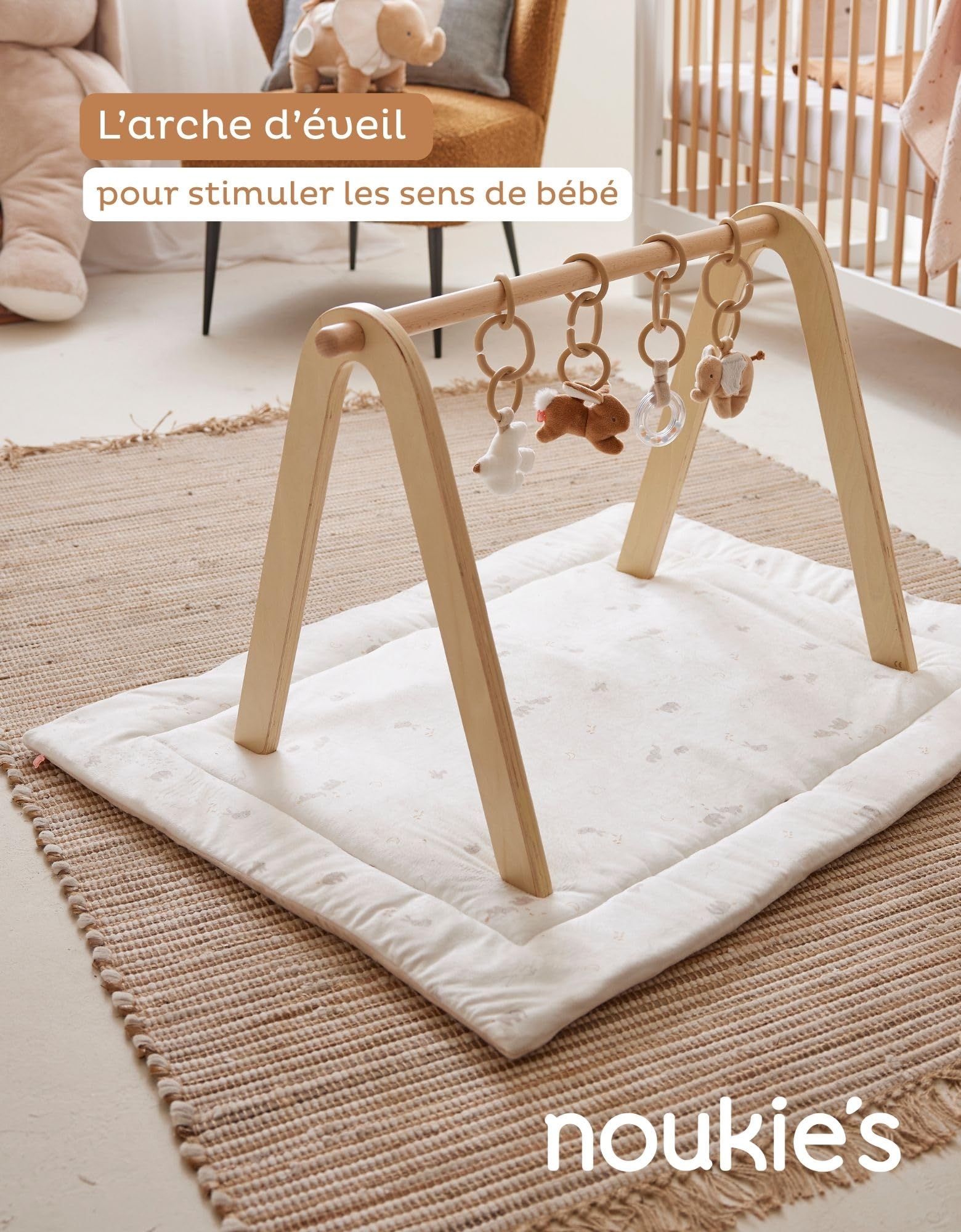 NOUKIE’S – Arche d’éveil en bois naturel – Facile à monter et à transporter – Stimule les sens dès la naissance jusqu’à 6 mois – Idéal avec tapis ou couffin – Set d’activités vendu séparément