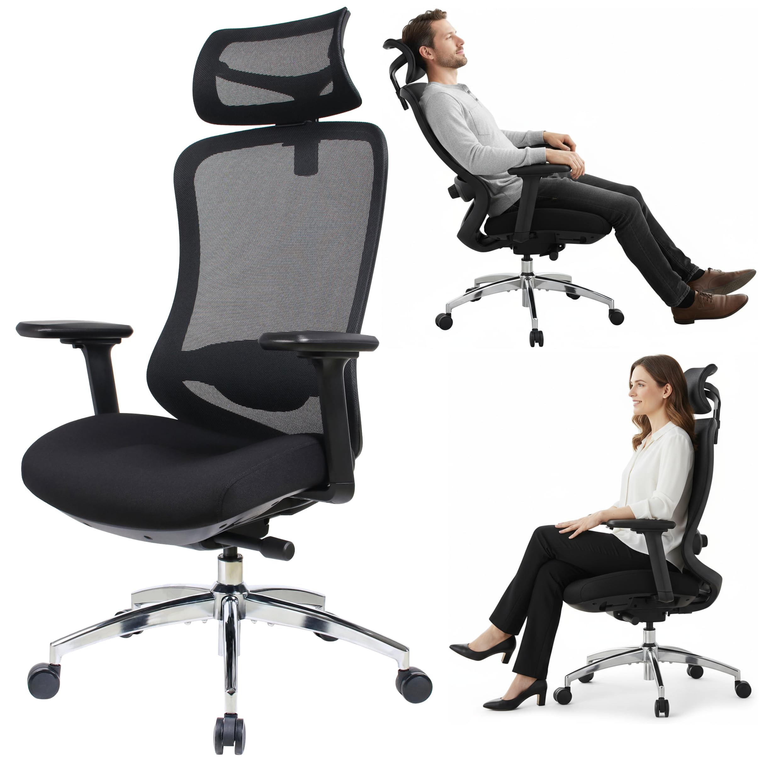 TITANO E5 | Ergonomischer Bürostuhl mit Neigungsfunktion, 4D-Armlehnen, Lendenwirbelstütze & Kopfstütze – Drehstuhl für Home Office & Büro | 150 kg Belastbar | Ergonomic Schreibtischstuhl