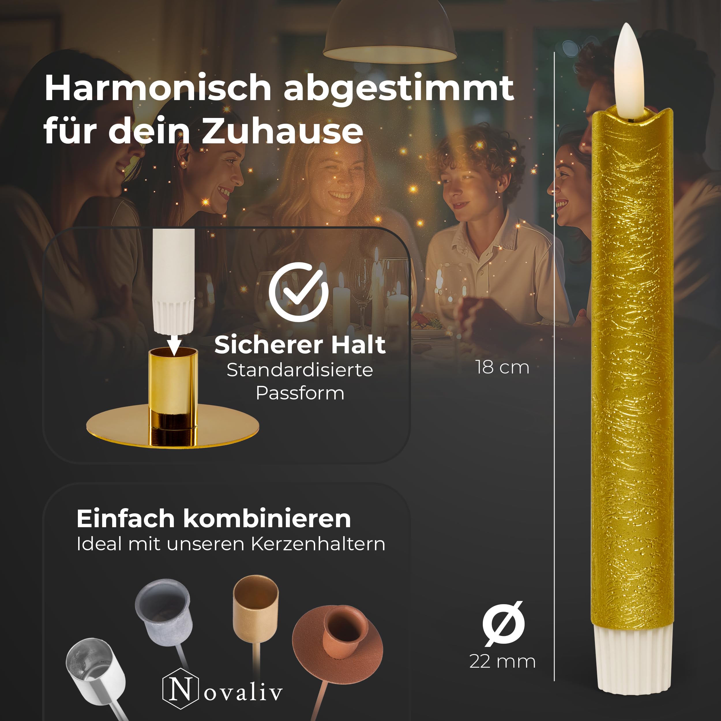 Ekonomiczny zestaw świec LED z timerem, małe i duże, złote, 8 sztuk, złote do użytku wewnątrz – 6 godzin – prawdziwy wosk 18 cm + 23 cm wysokość do świec 2,2 cm średnicy 2,2 cm, 2 baterie AAA,