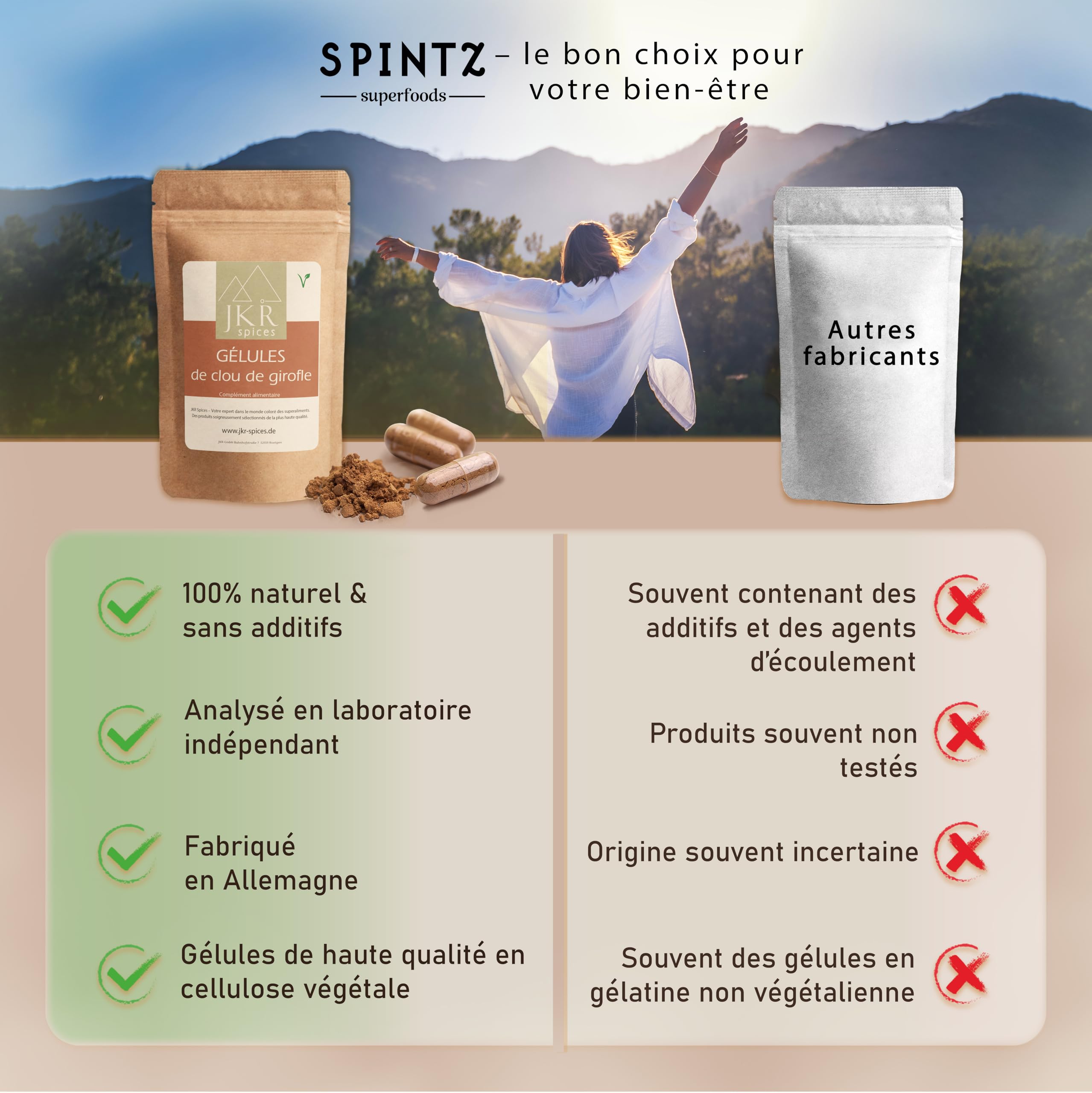 JKR Spices Lot de 420 capsules végétaliennes de clou de girofle – Capsules végétaliennes remplies de poudre de clou de girofle de haute qualité – Hautement dosées – 450 mg de clous de girofle moulus –