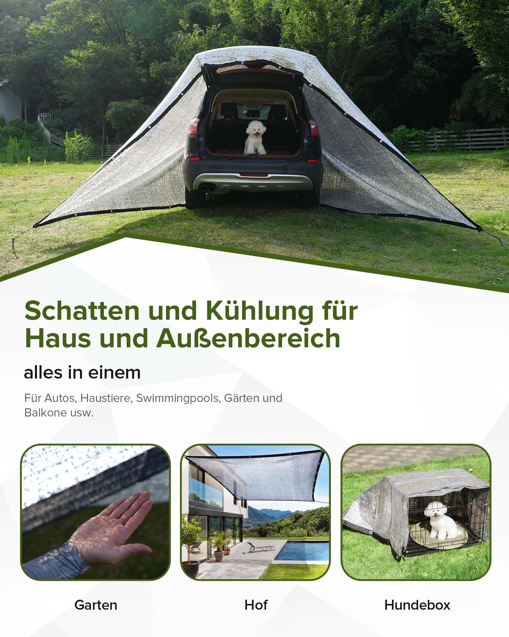 FoundGo Alu Schattennetz Auto Hund 3x4m, 85% UV-Schutz, Aluminium-HDPE Hitzeschutz mit Ösen, Luftdurchlässig & Reflektierend für Camping Sonnenschutz, Wohnmobil & Garten mit Zubehör
