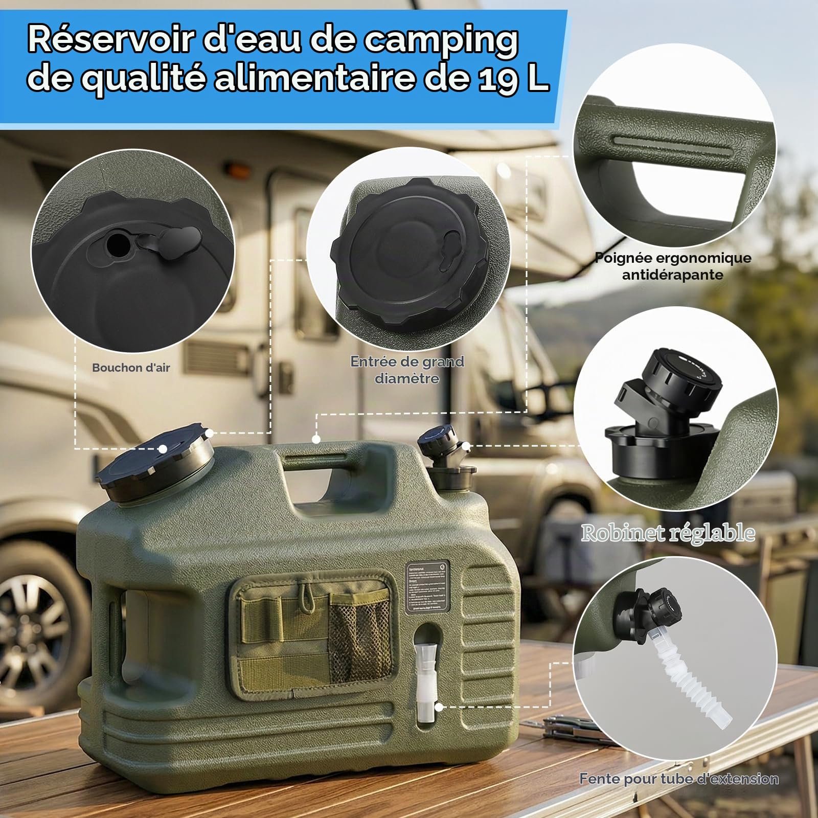 Kit de douche portable de camping avec carafe d'eau de 18 litres, pompe de douche rechargeable IPX8, étanche IPX8, 5 modes de pression, réservoir d'eau sans BPA pour le camping, la randonnée, la plage