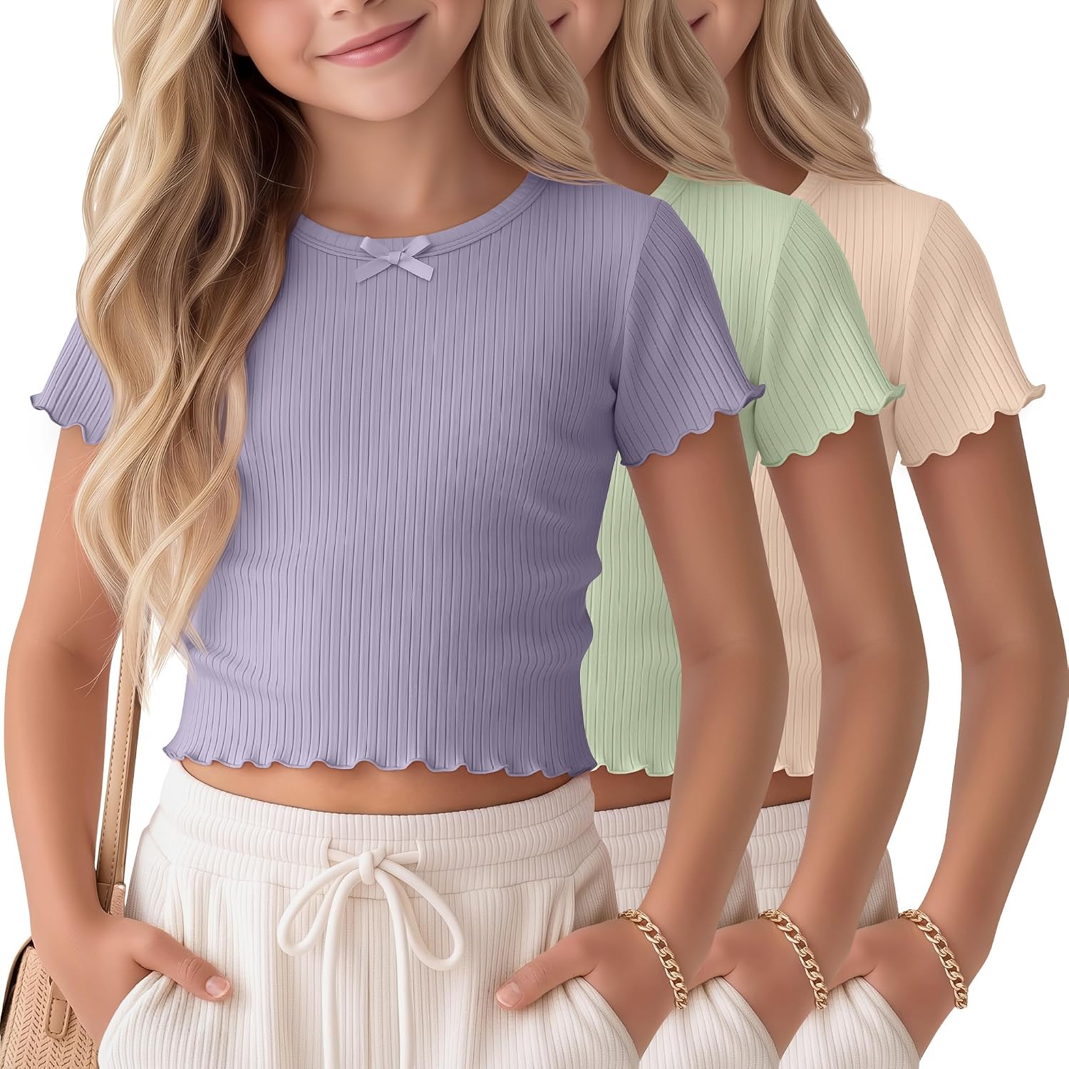 3 Pack Girls Crop Tops Ribbed Cotton Short Sleeve Shirts Lettuce Trim Crewneck T Shirts Summer Cute Tees with Bow