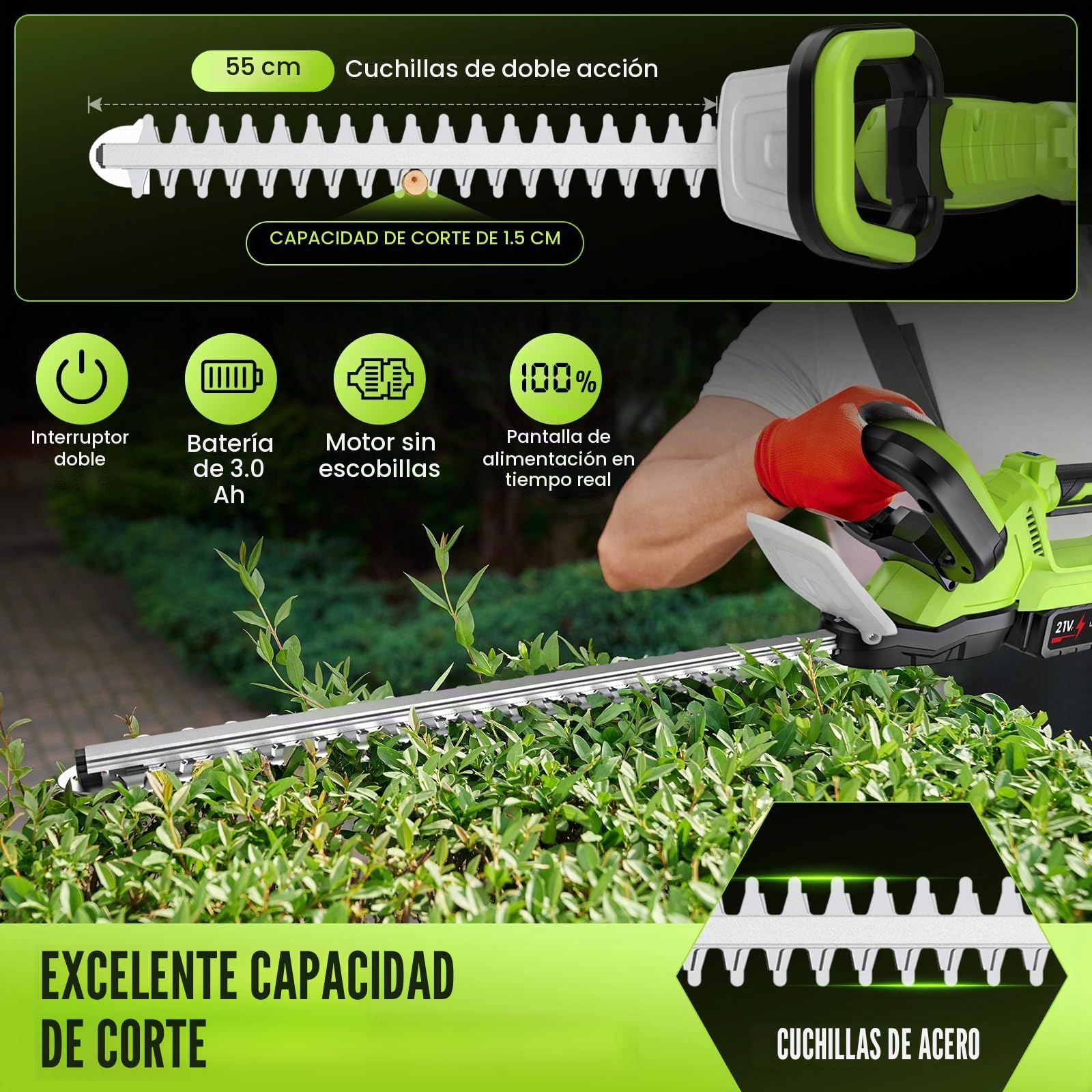 Cortasetos a Batería Potente 500W, Pantalla LCD, 2 Baterías 3.0Ah, Cortasetos Eléctrico Inalámbrico Motor Brushless, Hoja 55cm (Ramas hasta 15mm), Podadora para Jardín con Doble Seguridad