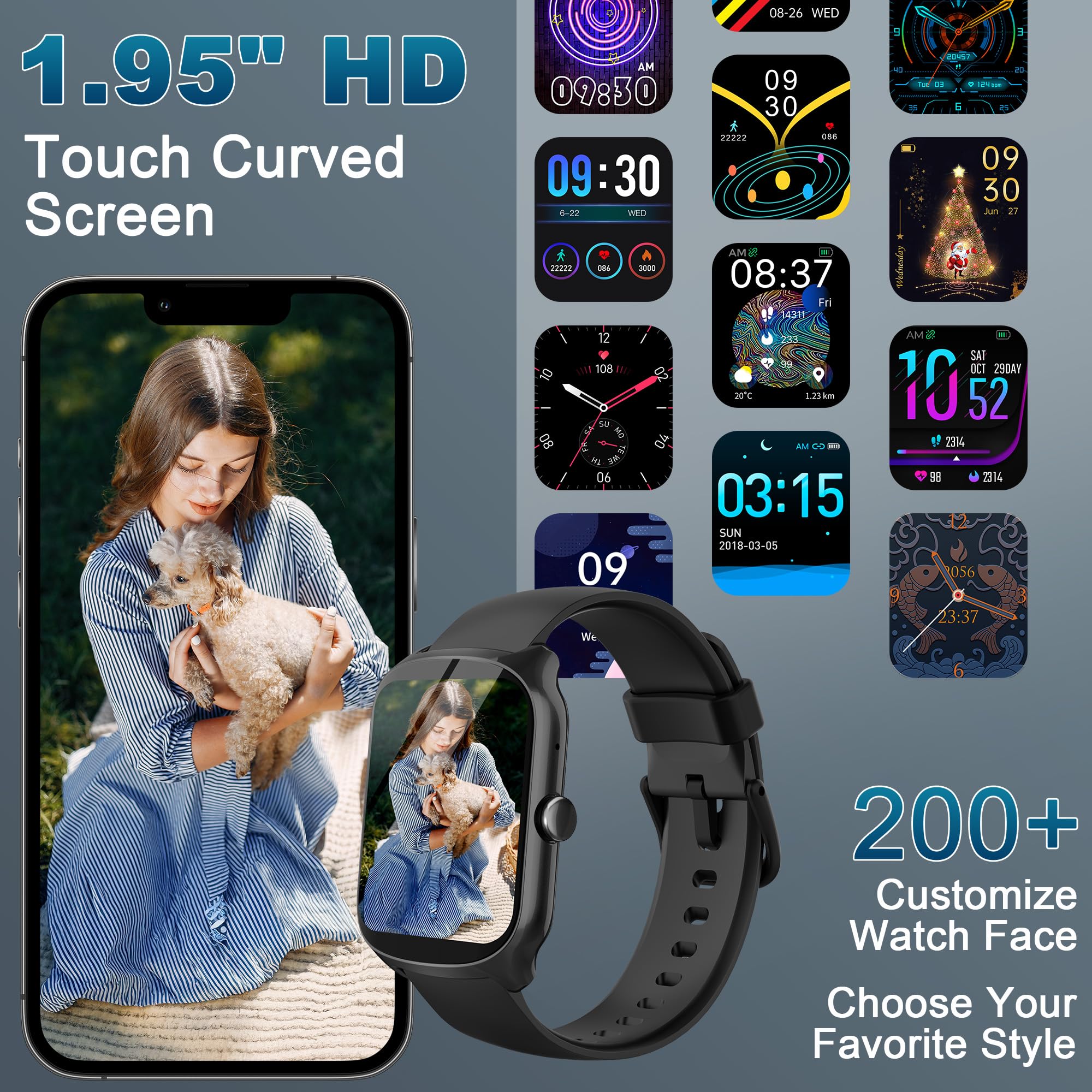 STECEi Smartwatch Uomo Donna, Schermo Curvo HD da 1,95'' Orologio Smartwatch con Effettua/Risposta Chiamate, 110+Sportive Smart Watch con Contapassi/Sonno/Cardiofrequenzimetro, Impermeabile IP68, Nero