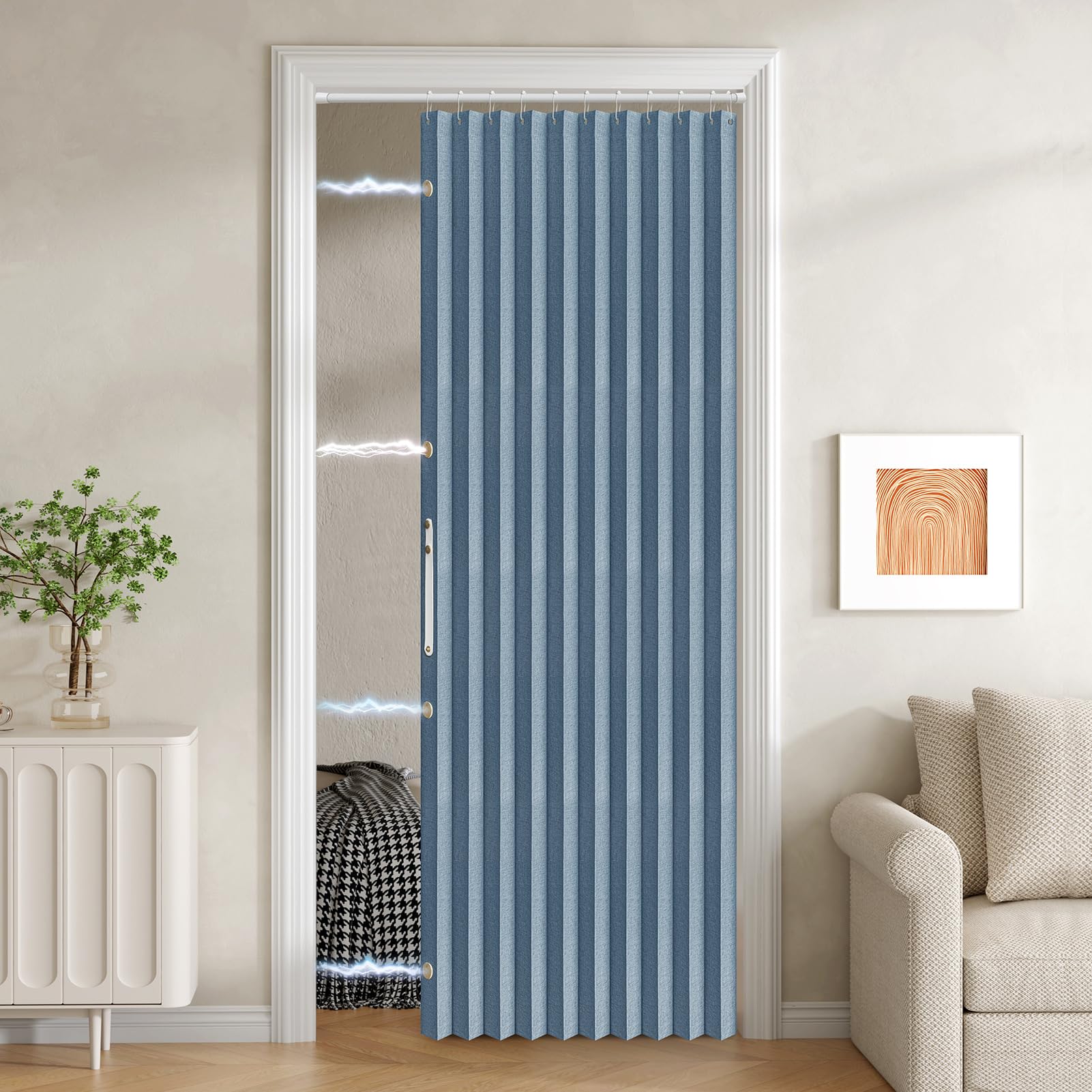 100% Blackout Fabric Folding Door Curtain with Magnetic Closure - Accordion Style for Sliding Doors, Closets,Wardrobe and Temporary Door Solutions Doorway Curtains(W42 x L78, Blue 1 Panel)