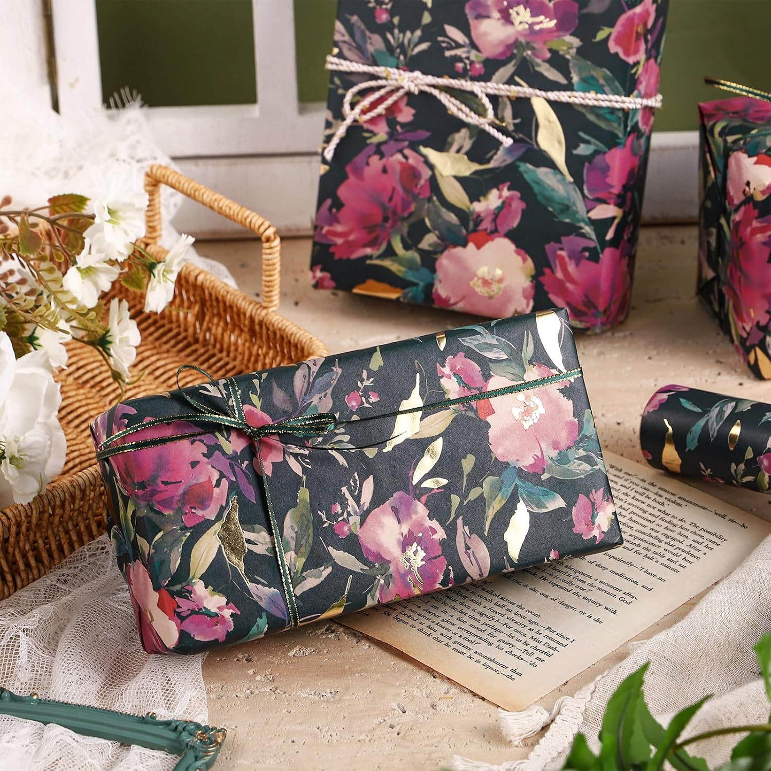 RUSPEPA Flower Wrapping Paper Roll, 17 in x 16.4 ft, Mini Roll, Vintage Spring Flower Gift Wrap, Gold Foil Pink Floral Kraft Wrapping Paper for Birthday Gifts for Women - Image 3