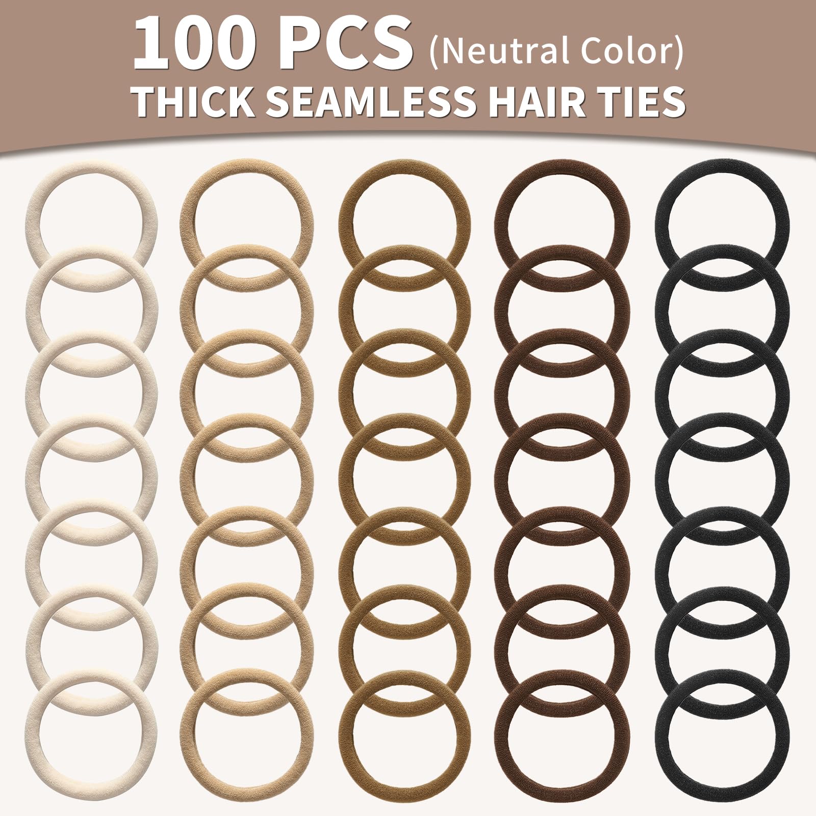 Mia Klein Haargummis, schwarz, 100 Stück, extra dick, 5 cm, elastische Haarbänder für dickes, schweres Haar, nahtloses Haarzubehör für Damen, Mädchen, Pferdeschwanz-Halter (neutrale Farbe)