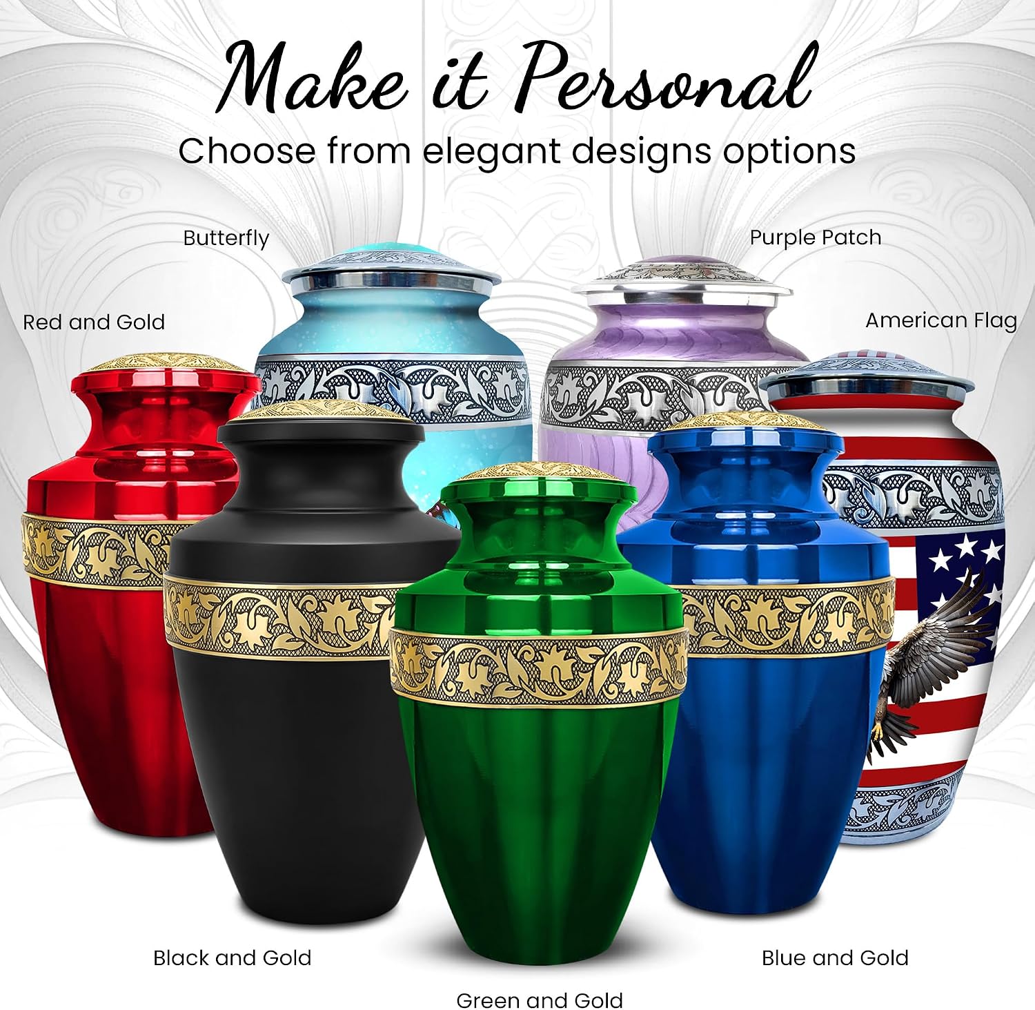 Set of 6 Decorative Cremation Urns for Ashes Adult Male & Female Includes 1 Large Urn with 4 Small Keepsakes & 1 Necklace for Human Ashes - Green and Gold